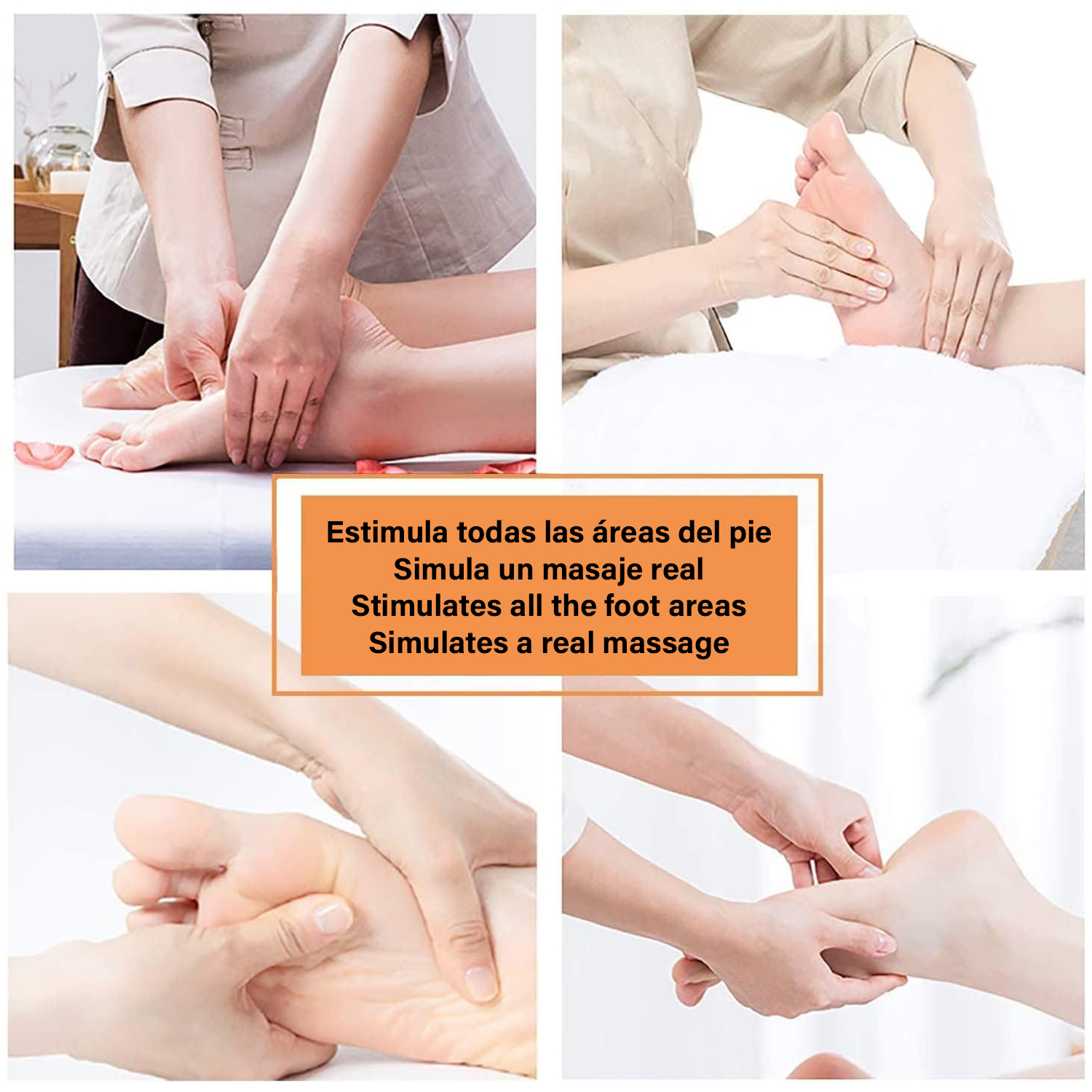 Imágenes de primer plano de técnicas de masaje de pies. Se ven manos masajeando los pies, con texto superpuesto.