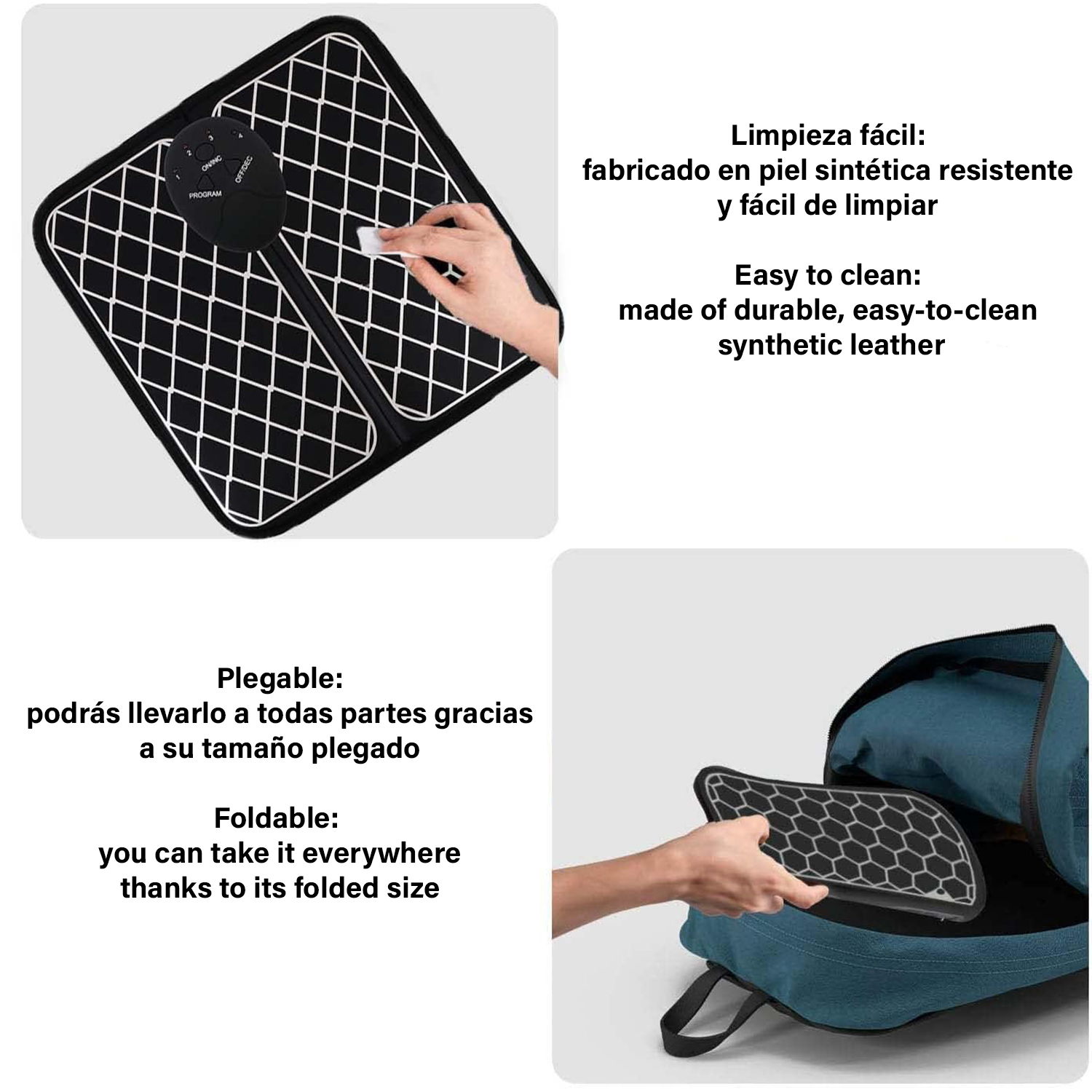 Una almohadilla negra con líneas blancas y una persona sosteniéndola. Diseño plegable.