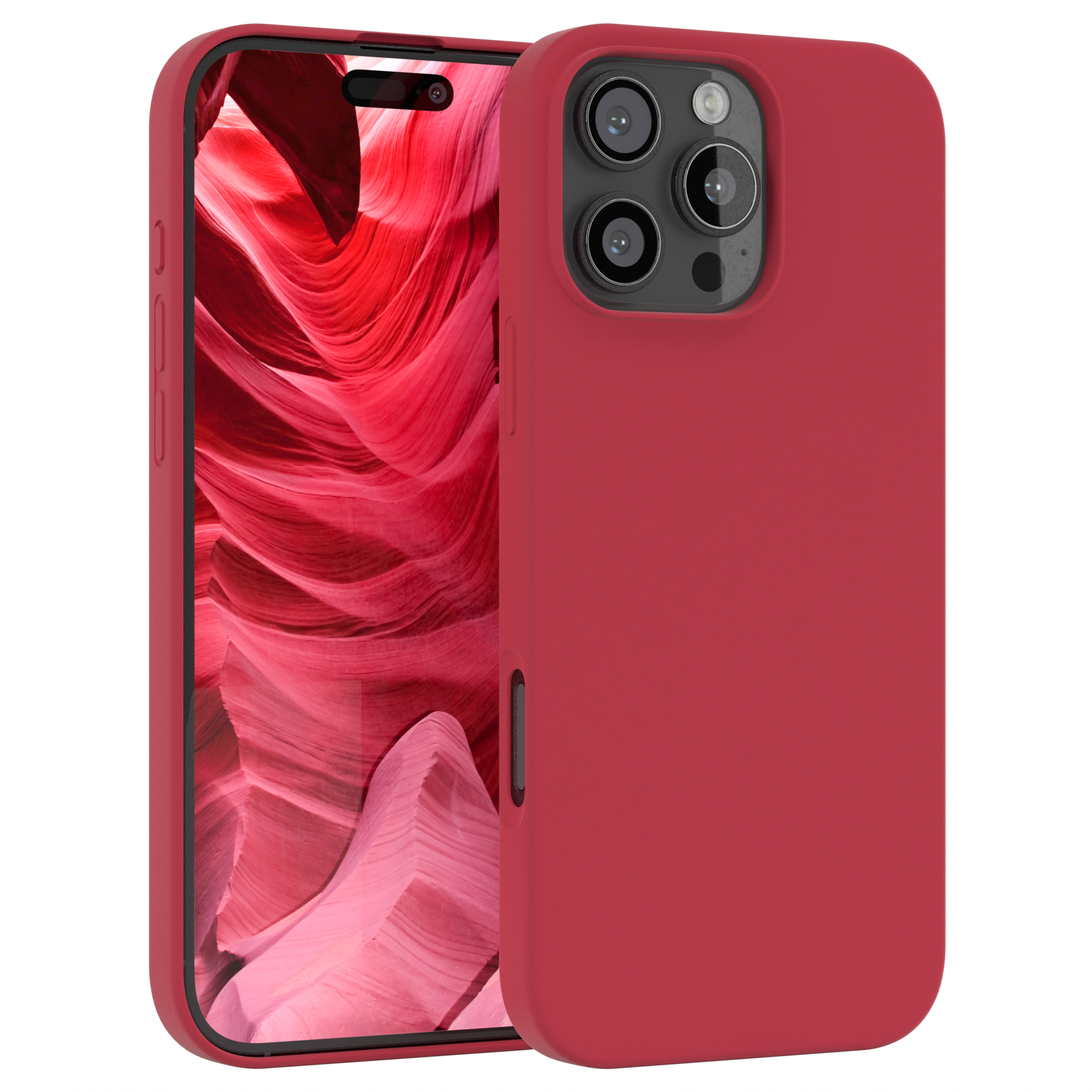 Rote Handyhülle, zwei Telefone, mit weißem Hintergrund.