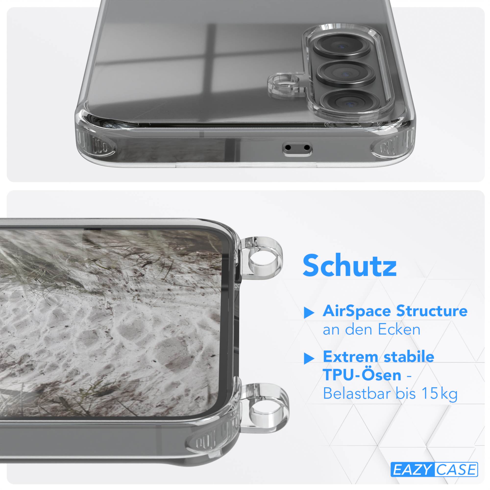 Transparente Handyhülle auf einem Telefon. Text und transparente Hülle mit Dünen.