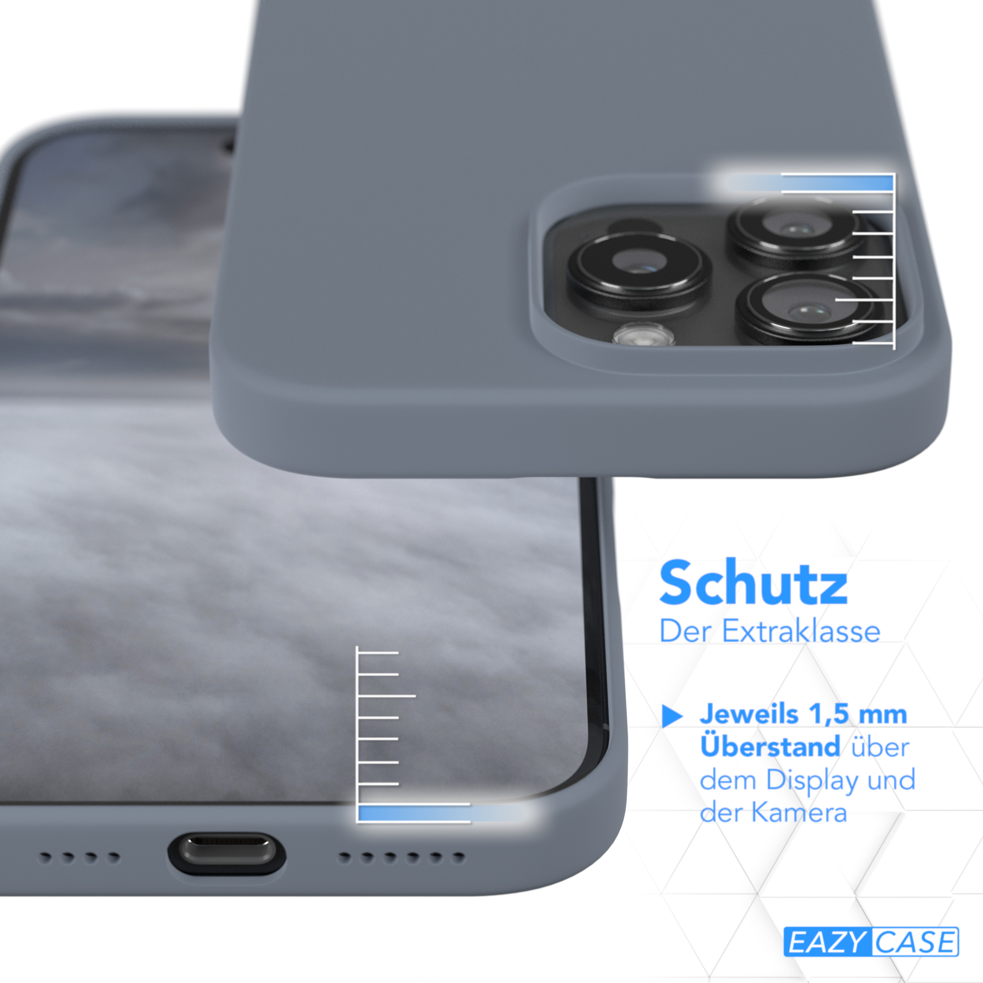 Handyhülle mit Telefon, graue Farbe. Text: Schutz Der Extraklasse.