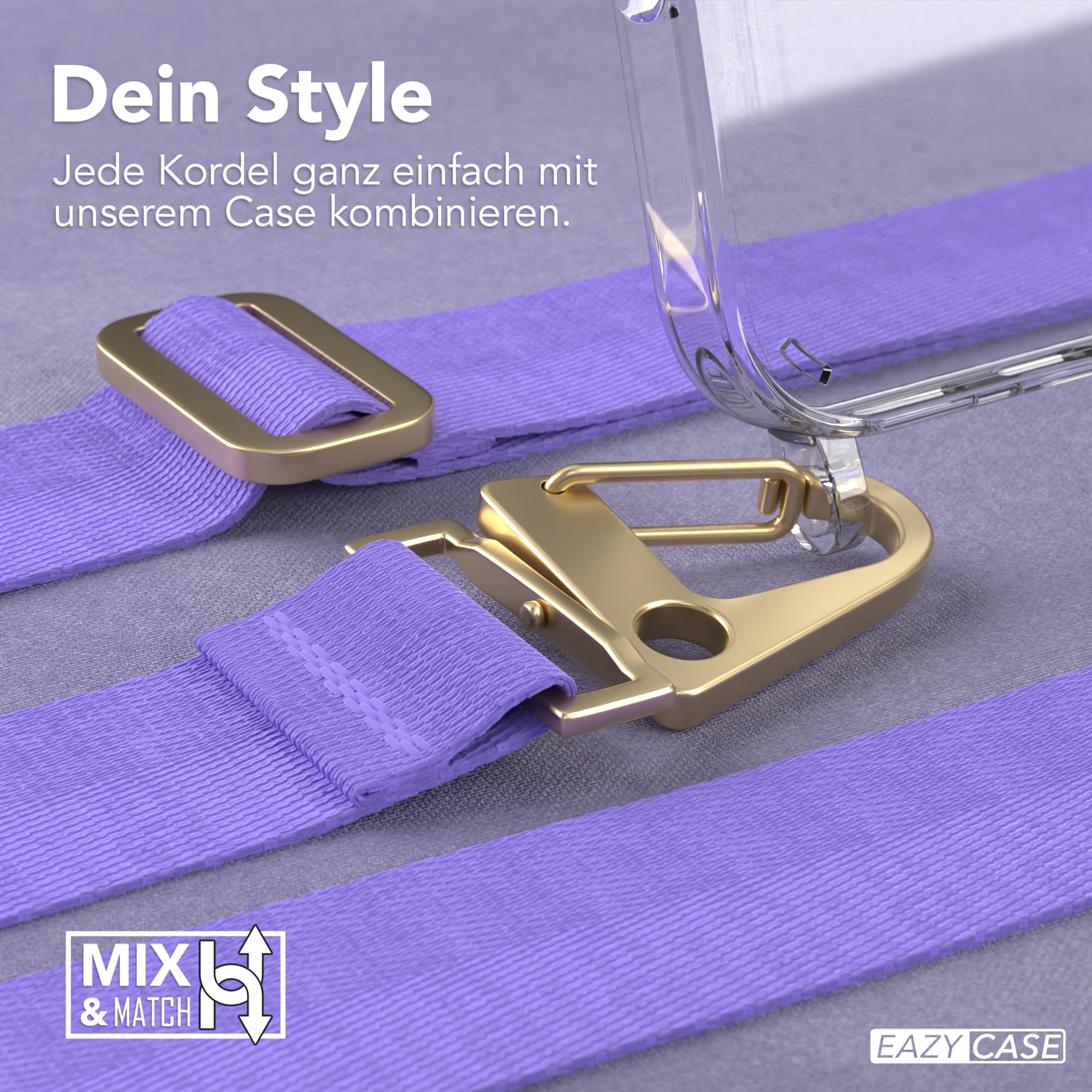 Lila Riemen mit goldenem Verschluss und Haken. Der Riemen ist an einer transparenten Handyhülle befestigt.