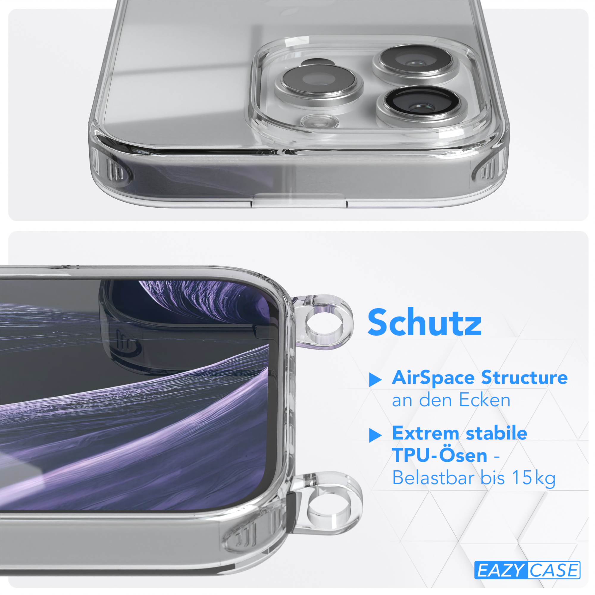 Nahaufnahme einer Handyhülle, die das transparente Design und die schützenden TPU-Ösen zeigt.