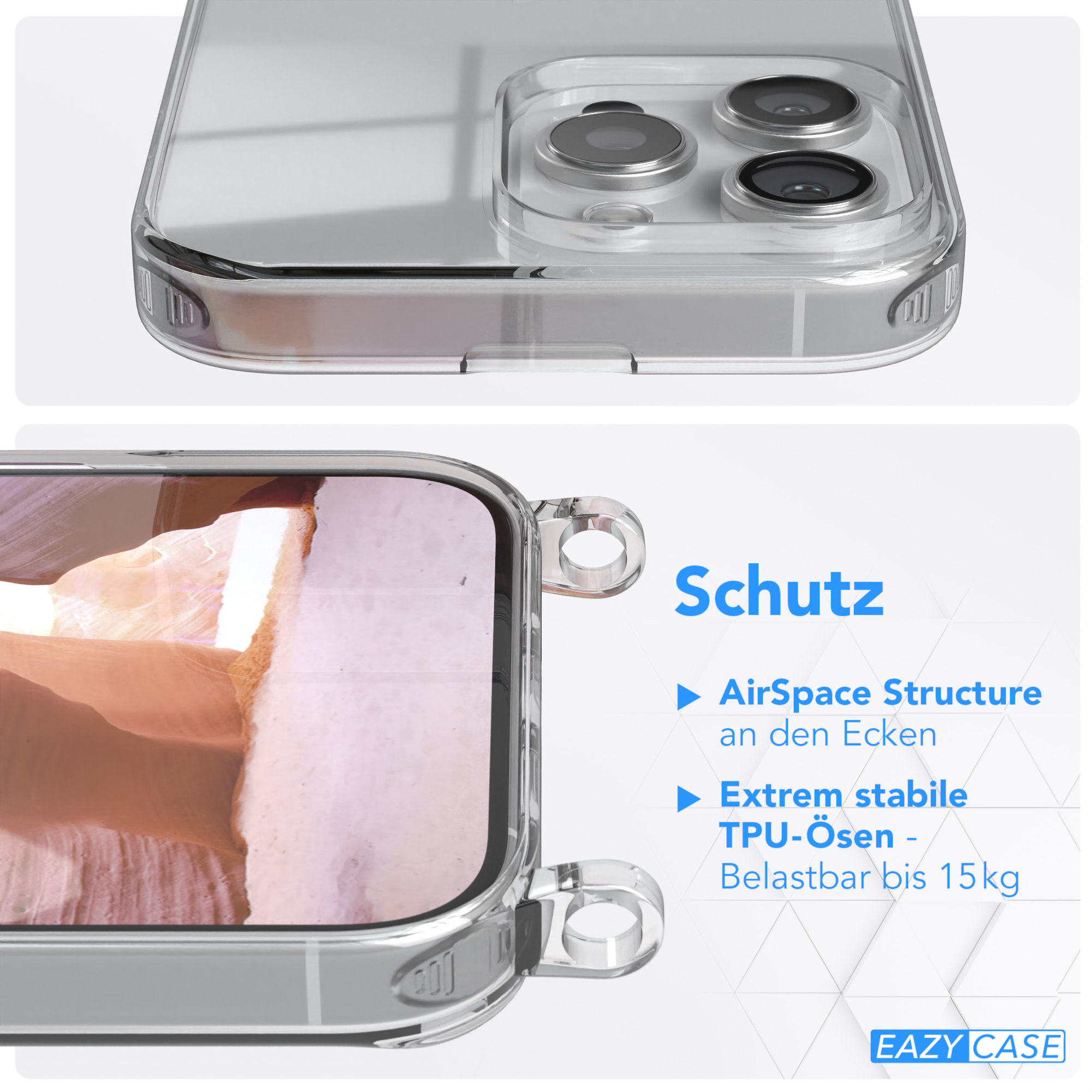 Nahaufnahme einer transparenten Handyhülle. Zeigt ein Telefon in der Hülle mit Schutzfunktionen.