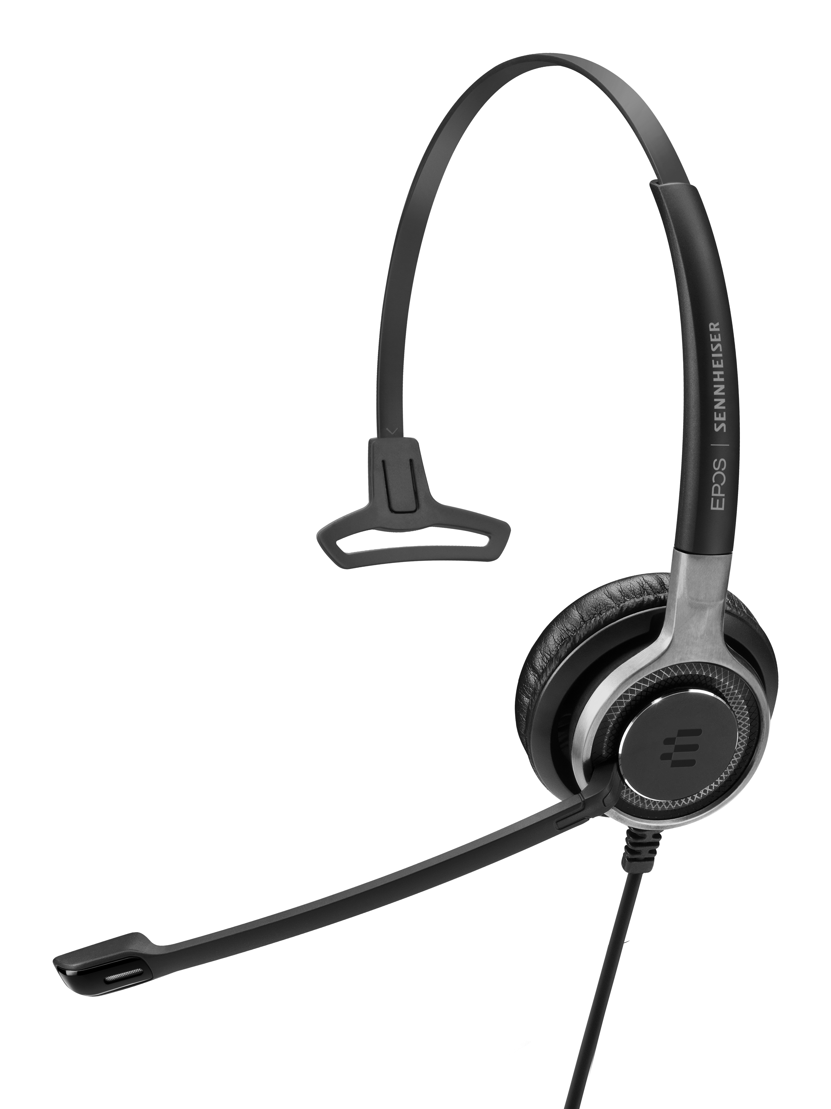 Zwarte en zilveren headset met een microfoon. Op een witte achtergrond.