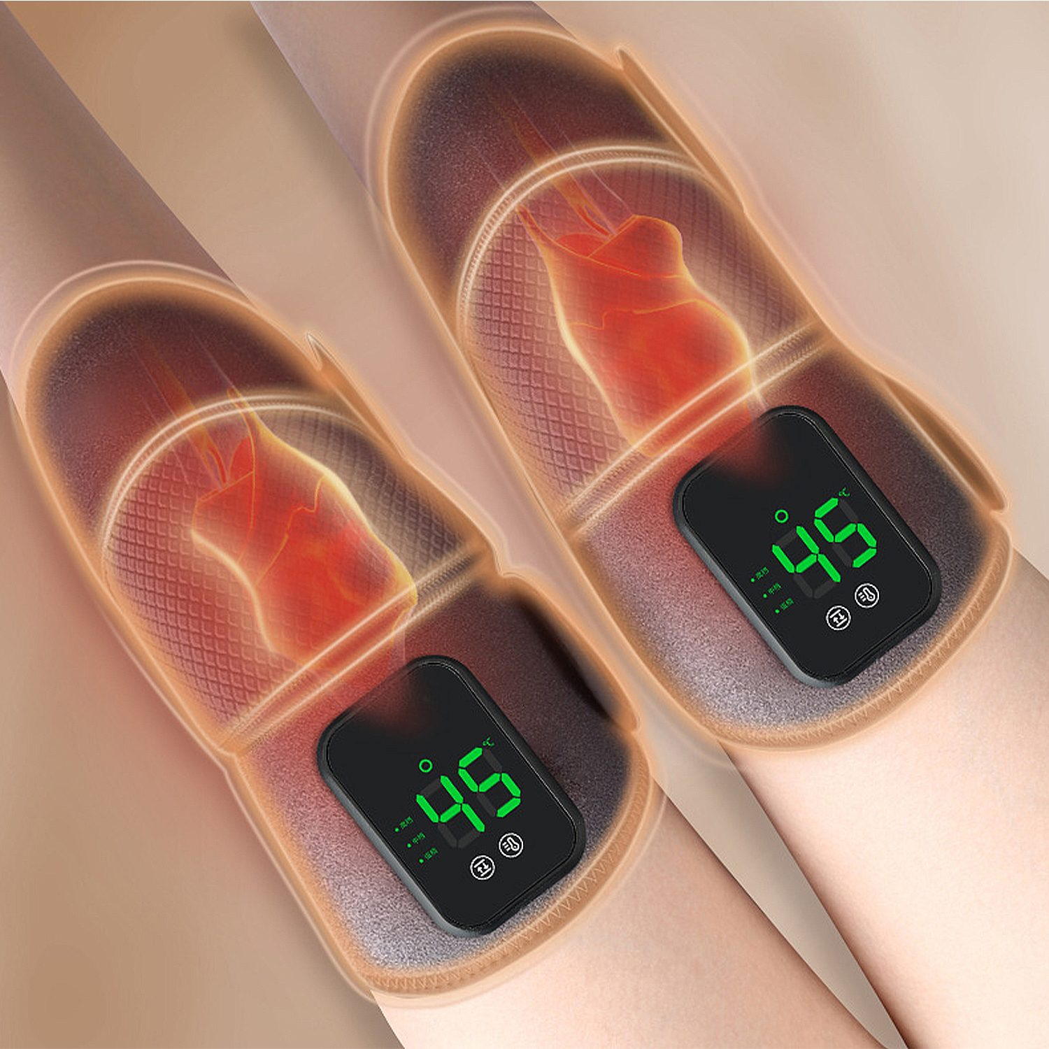 Due cuscinetti riscaldanti per ginocchia con display digitali che mostrano 45 gradi. Sulle gambe.
