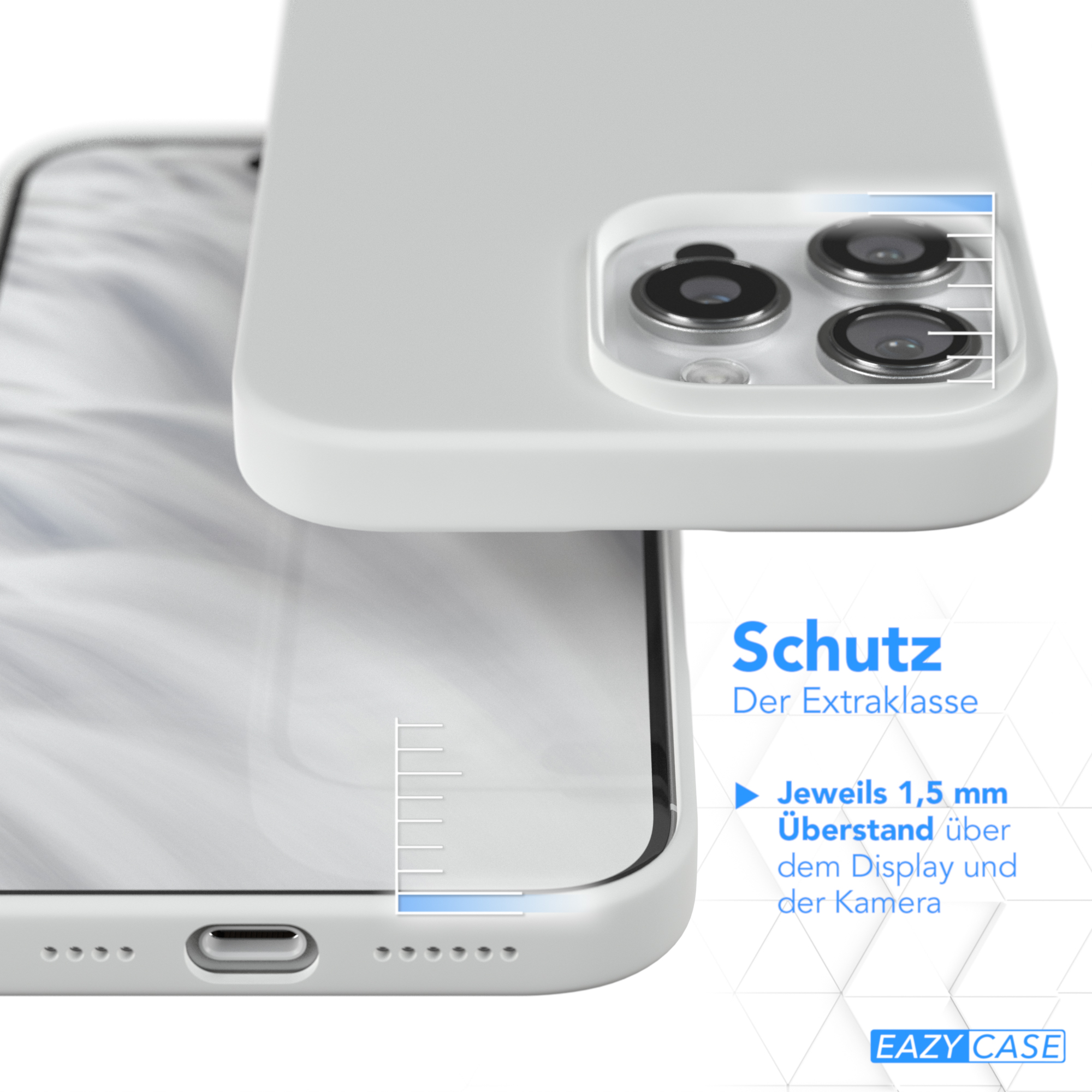 Nahaufnahme eines Telefons mit grauer Hülle, die 1,5 mm Display- und Kameraschutz zeigt.