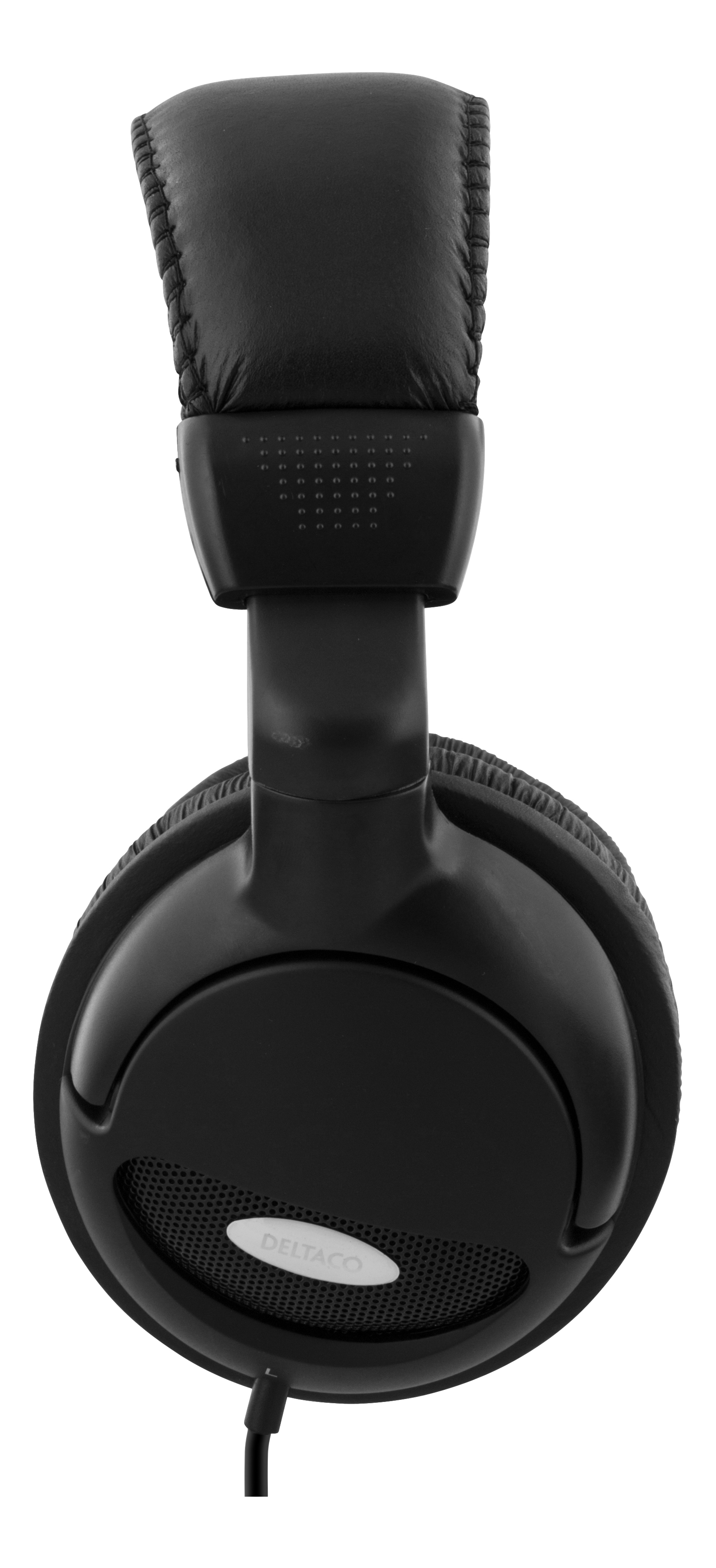 Black over-ear headphones. The headband is on top. White background.