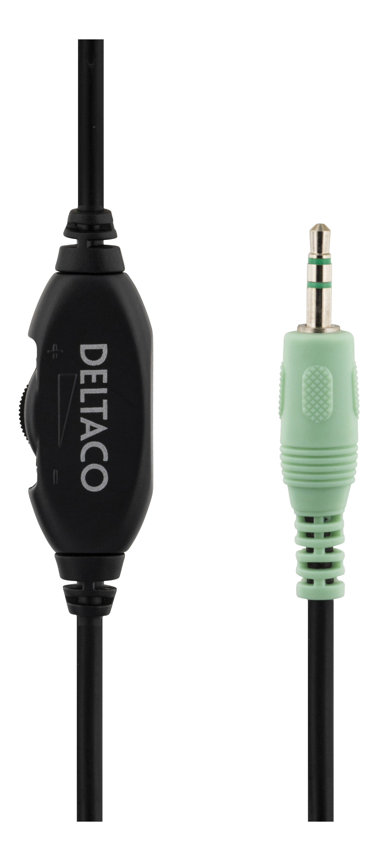 Headphone cable with black volume control and green audio jack.