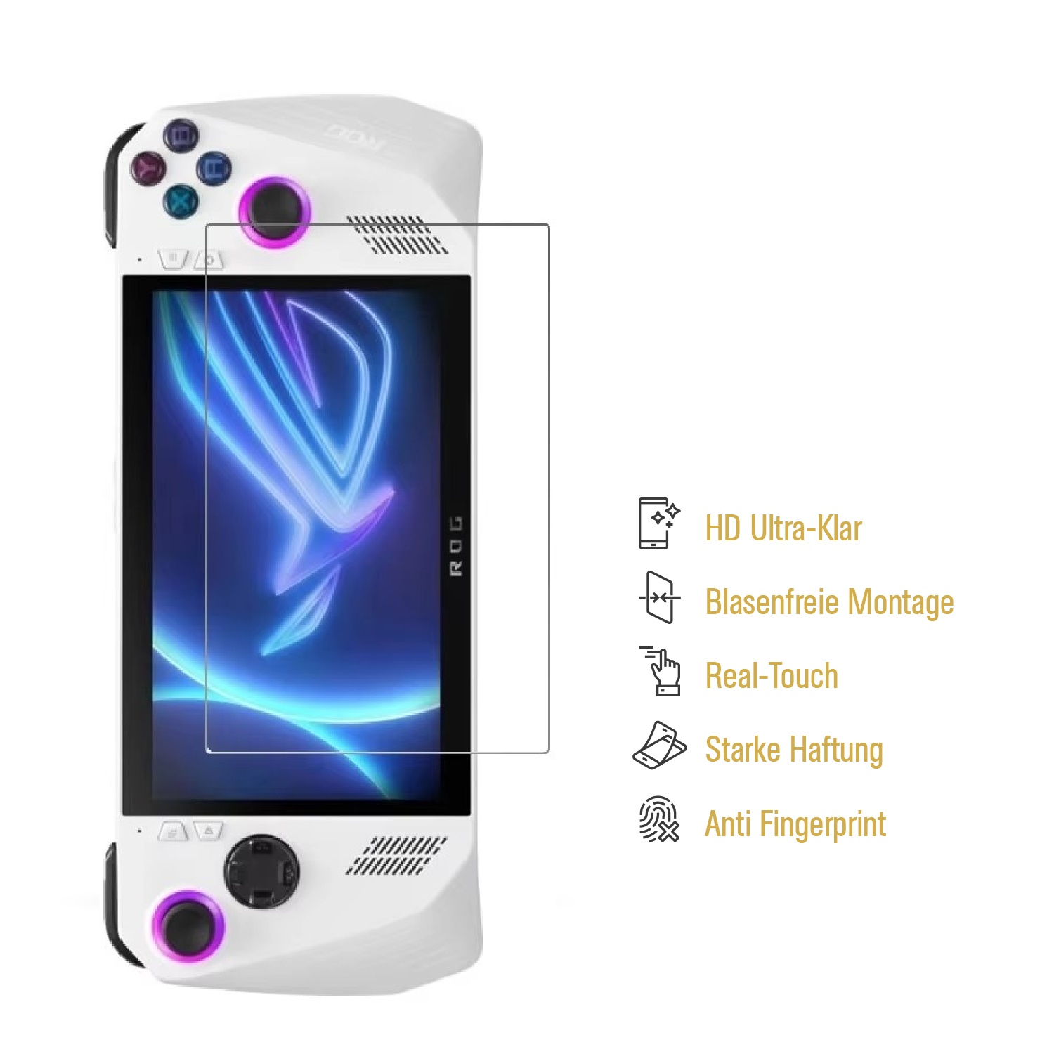 Ein weißes ROG Handheld-Gaming-Gerät mit angebrachtem Displayschutz, Text-Overlays. Das Gerät liegt auf Weiß.