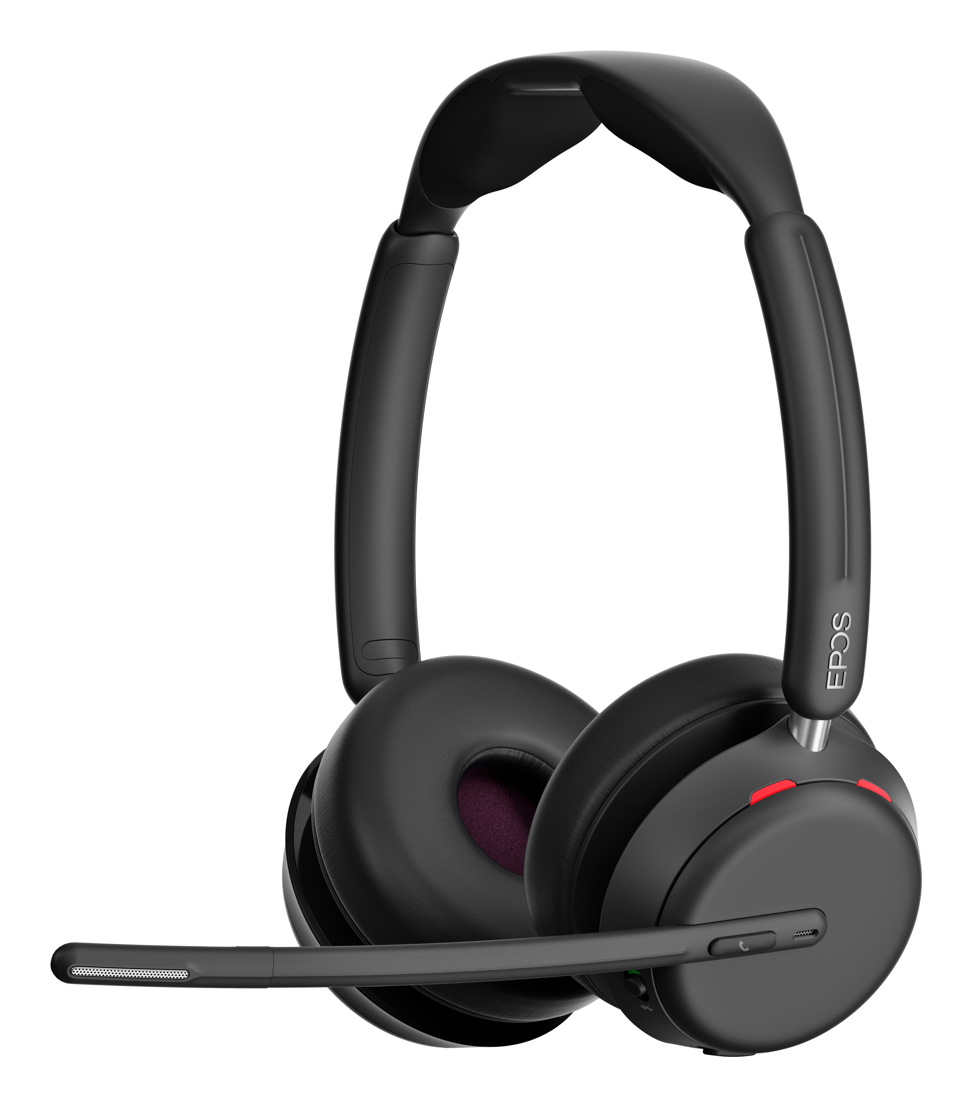 Cuffie EPOS nere con microfono. Stile over-ear, su sfondo bianco. Luce rossa visibile.