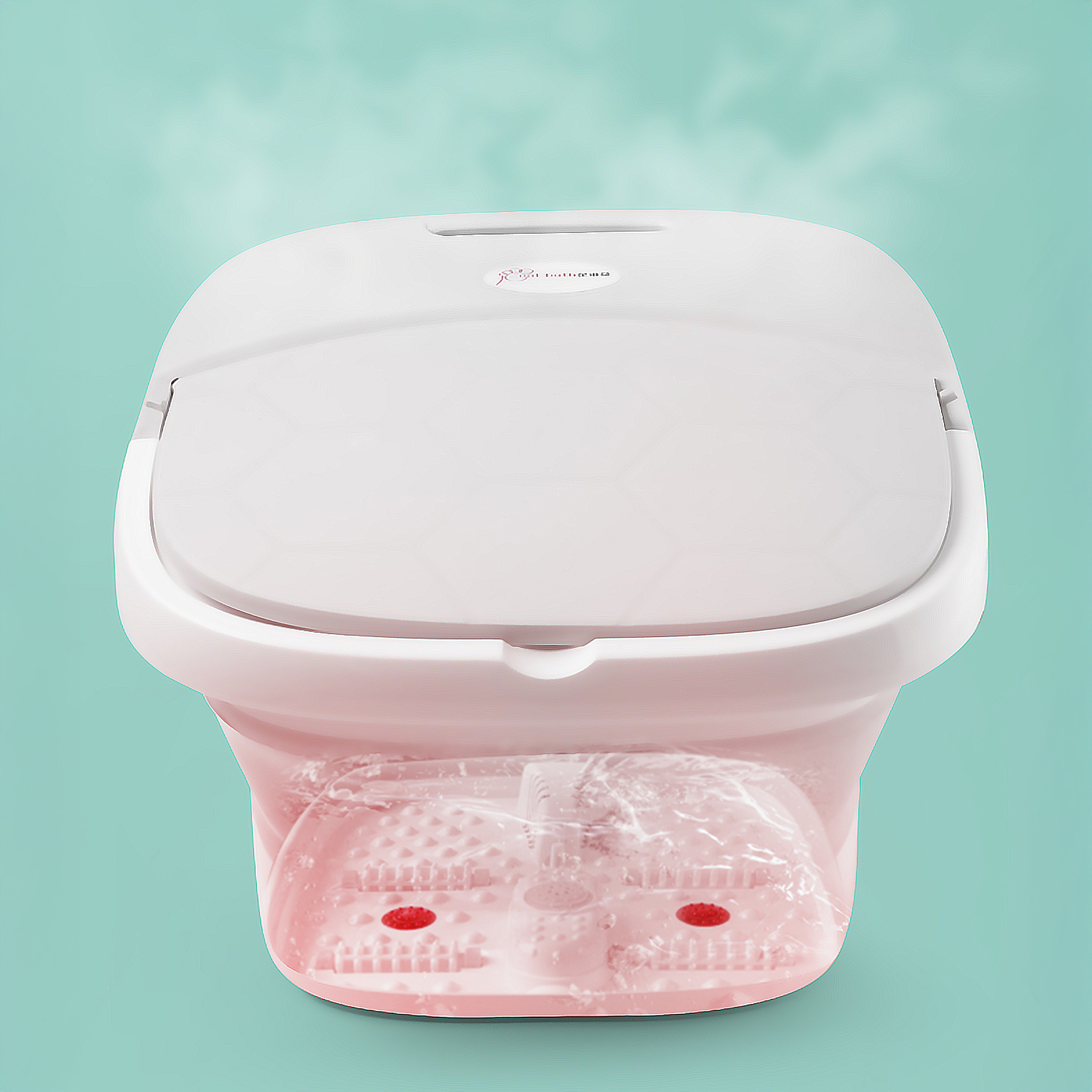 Spa de pies blanco con interior rosa, agua y rodillos de masaje de pies sobre fondo turquesa.