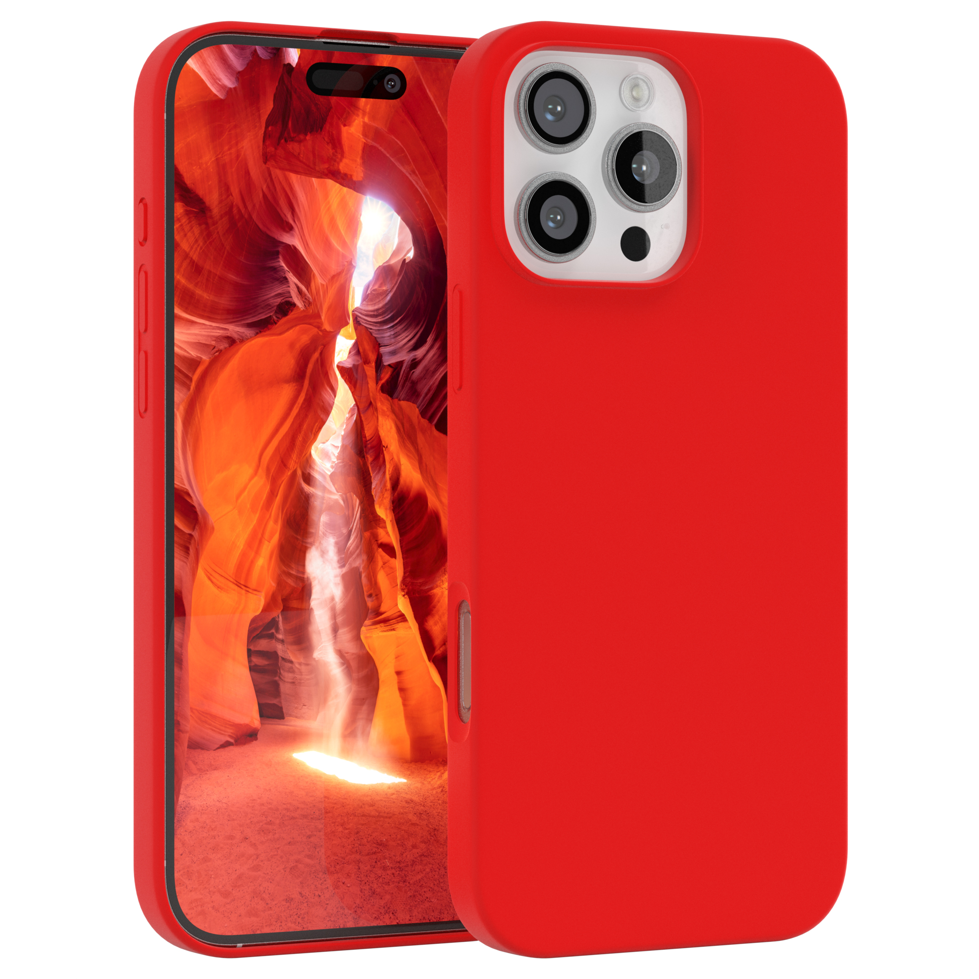 Eine rote Handyhülle auf einem Telefon. Die Hülle ist rot. Das Telefon ist hinter der Hülle und hat Kameras.