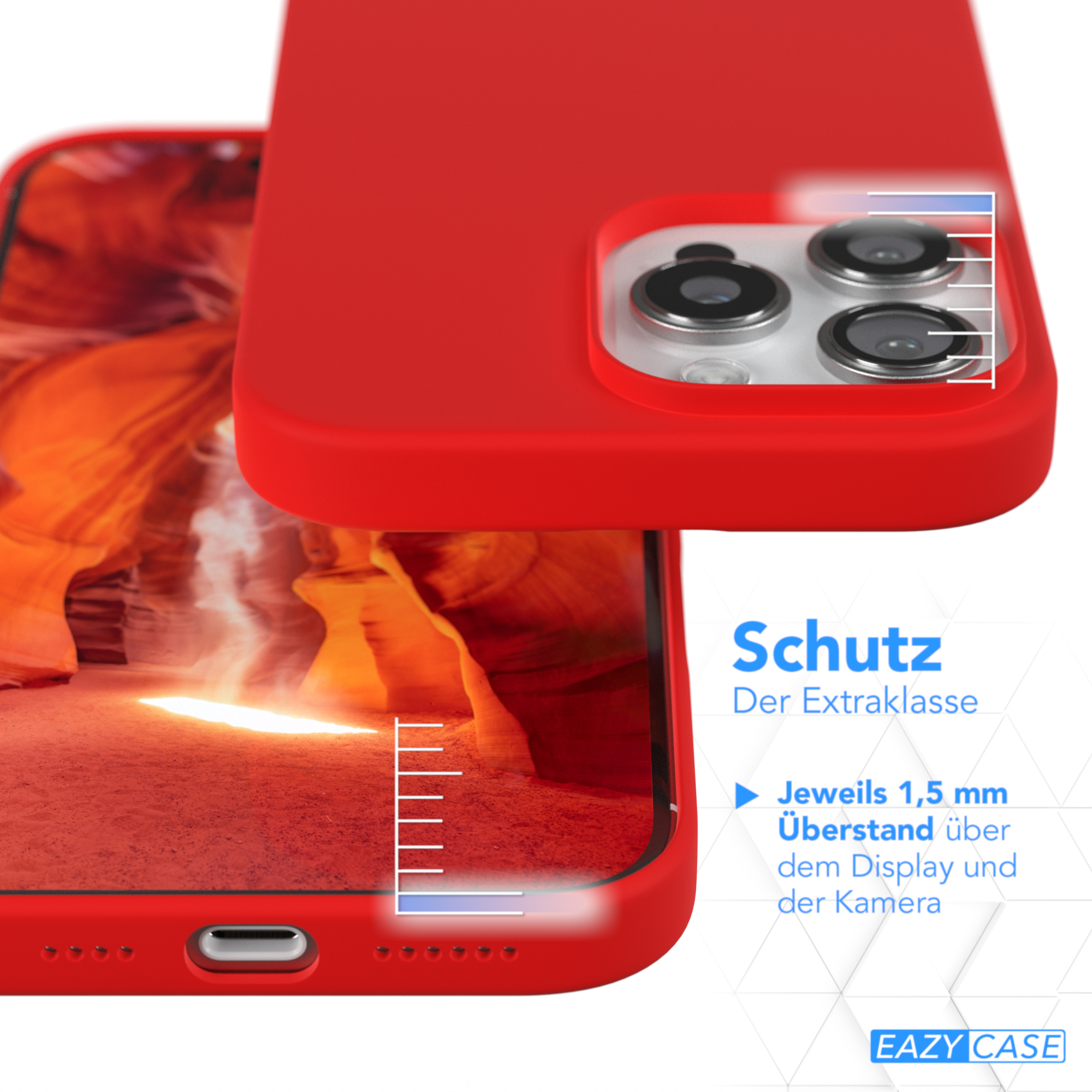 Eine rote Handyhülle auf einem Telefon mit Kameraausschnitt, Text 'Schutz' und 'EAZY CASE'.