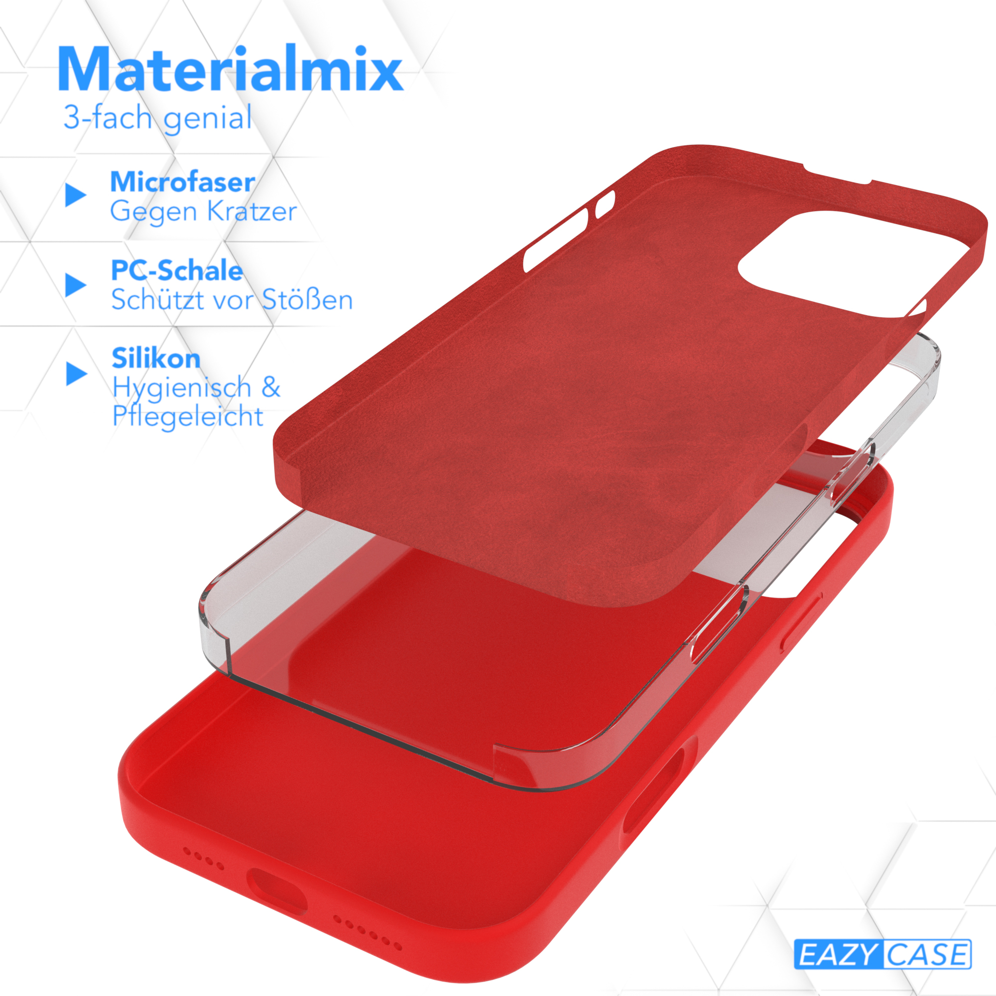 Rote Handyhüllen-Schichten. Mikrofaser, PC-Schale und Silikon. Text beschreibt die Materialien.