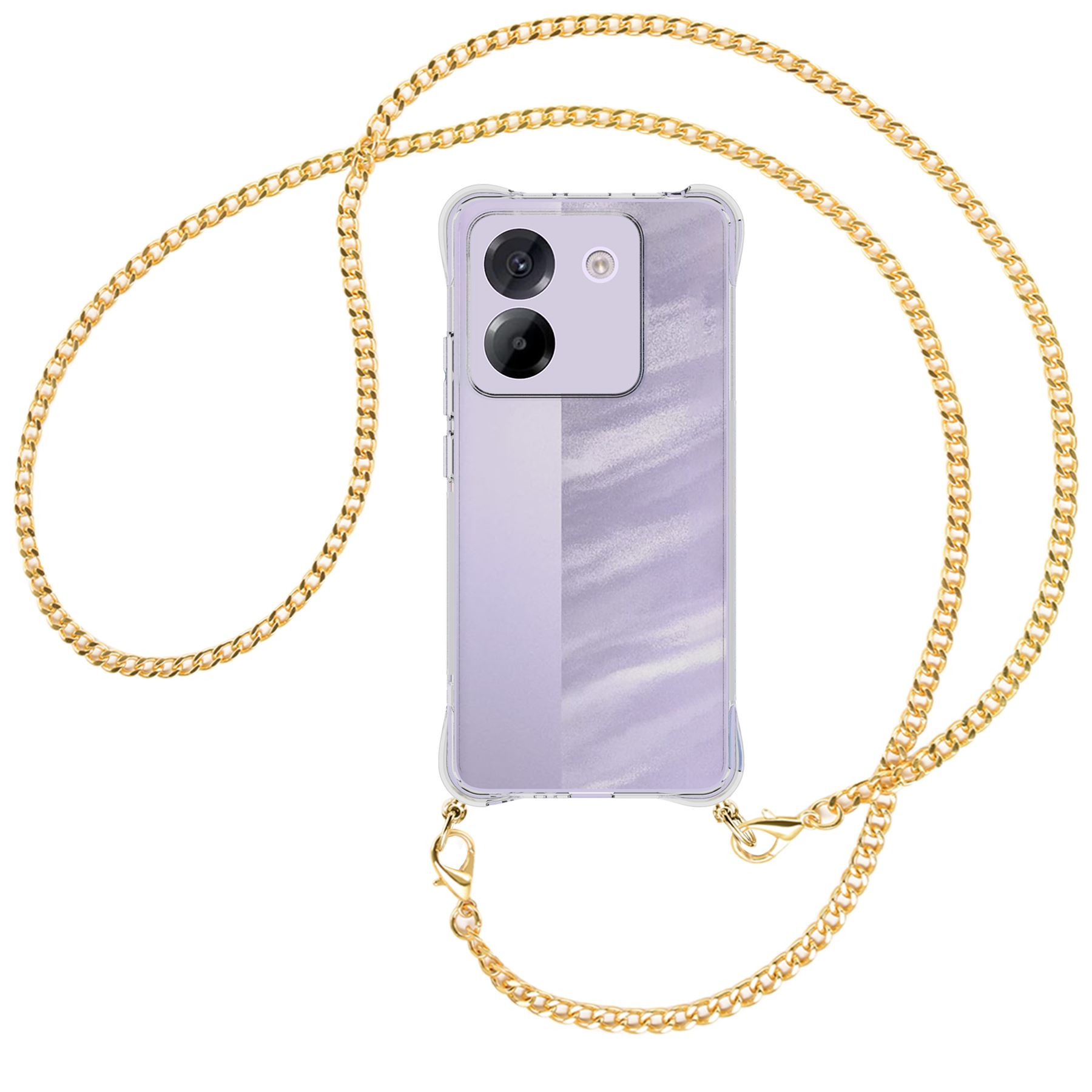 Telefon mit durchsichtiger Hülle und goldenem Kettenriemen. Das Telefon hat mehrere Kameras.