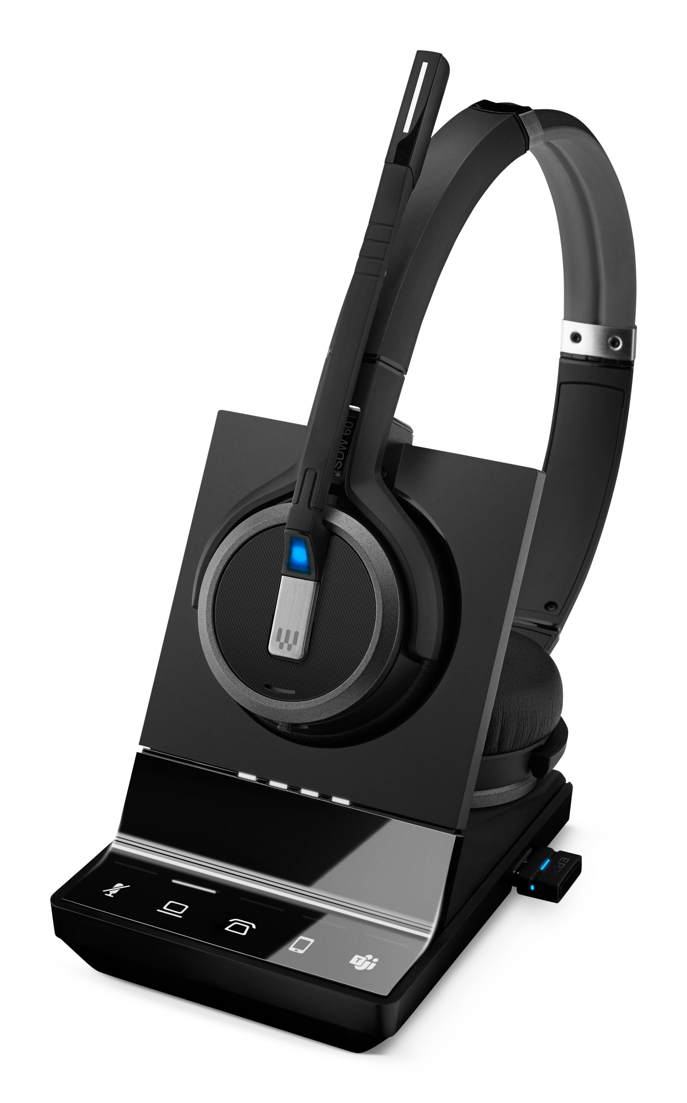 Cuffie nere su un supporto nero. Una luce blu è visibile sul padiglione auricolare.