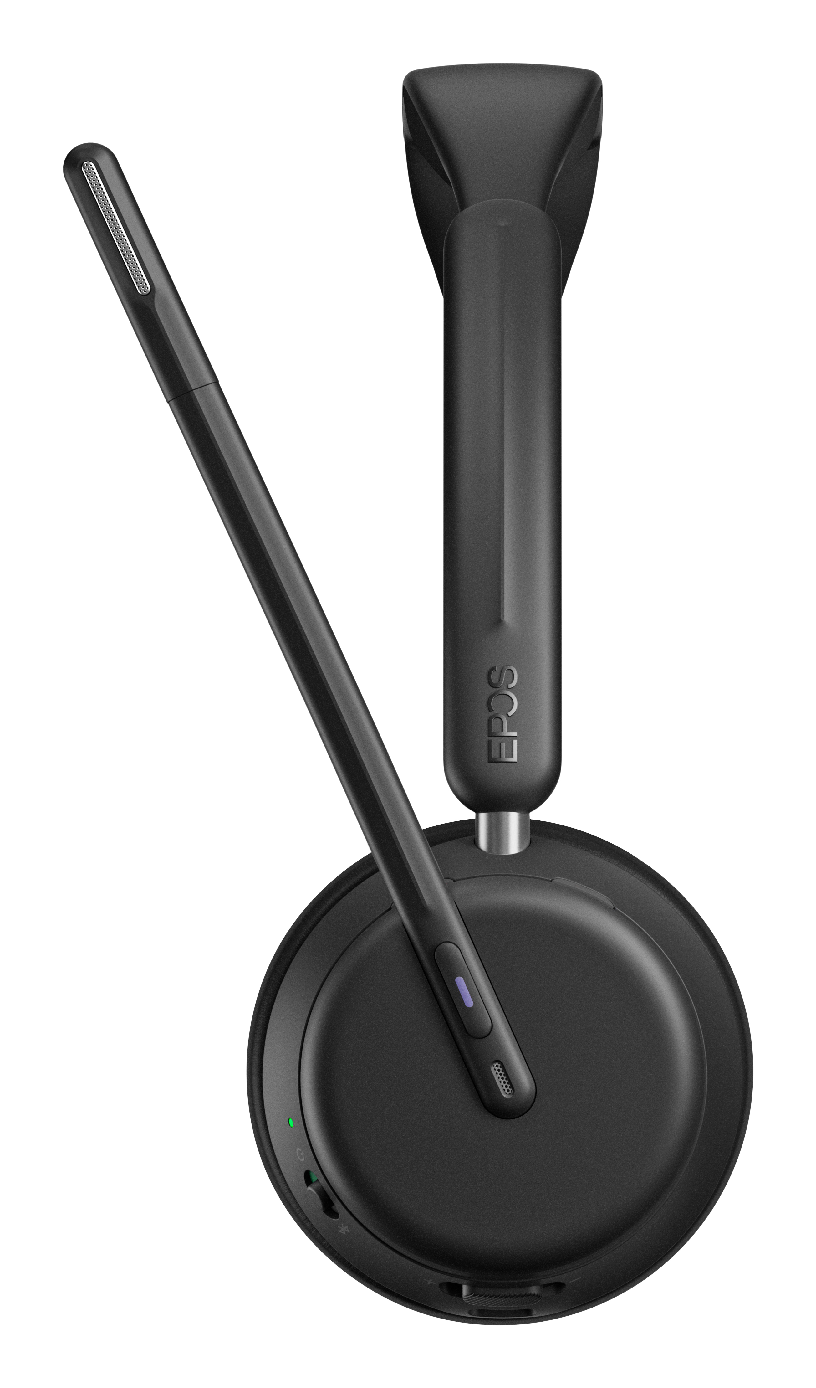 Casque noir avec micro. Logo EPOS. Fond blanc.