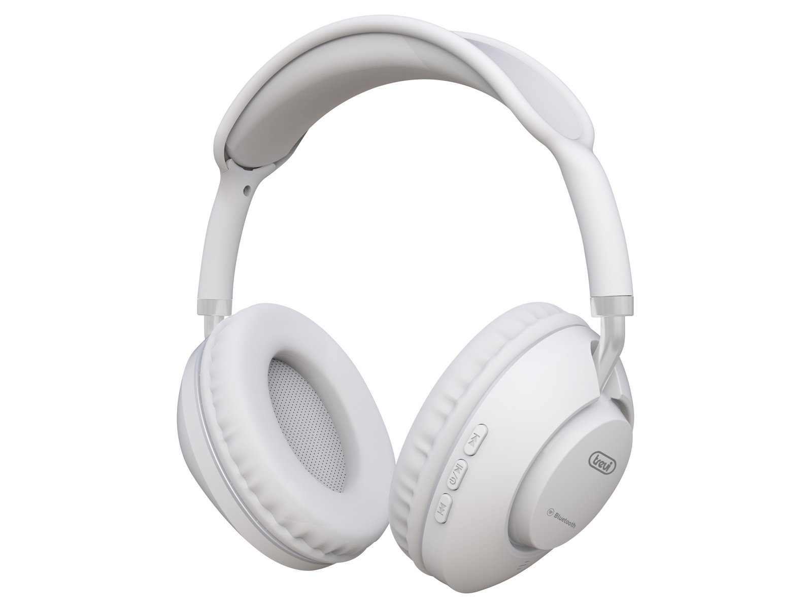 Witte koptelefoon met knoppen. Het merk is 'trevi' en heeft een Bluetooth-logo.