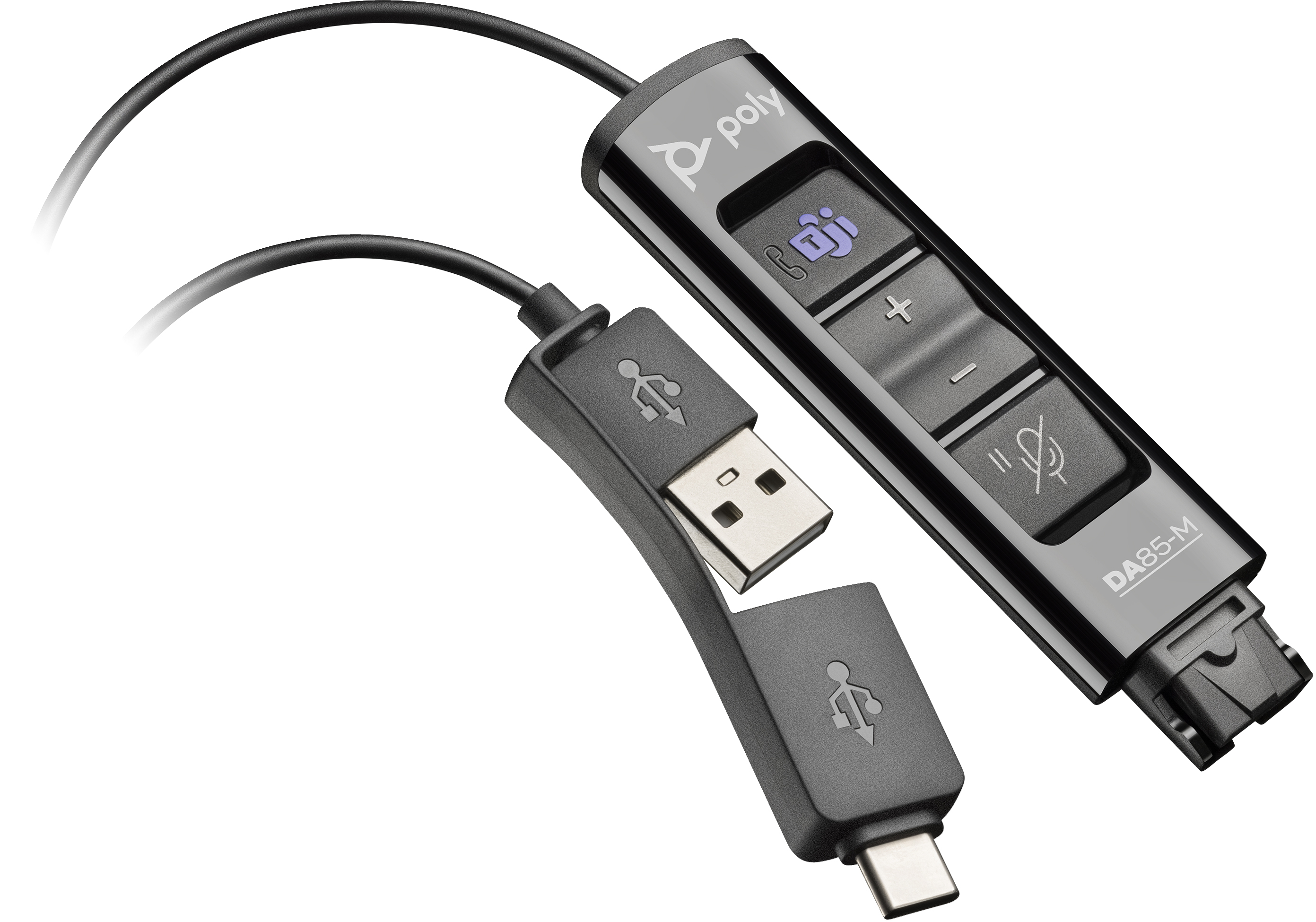 Schwarzes Poly-Audiogerät mit USB- und USB-C-Anschlüssen. Tasten: Anruf, Lautstärke, Stumm. Weißer Hintergrund.