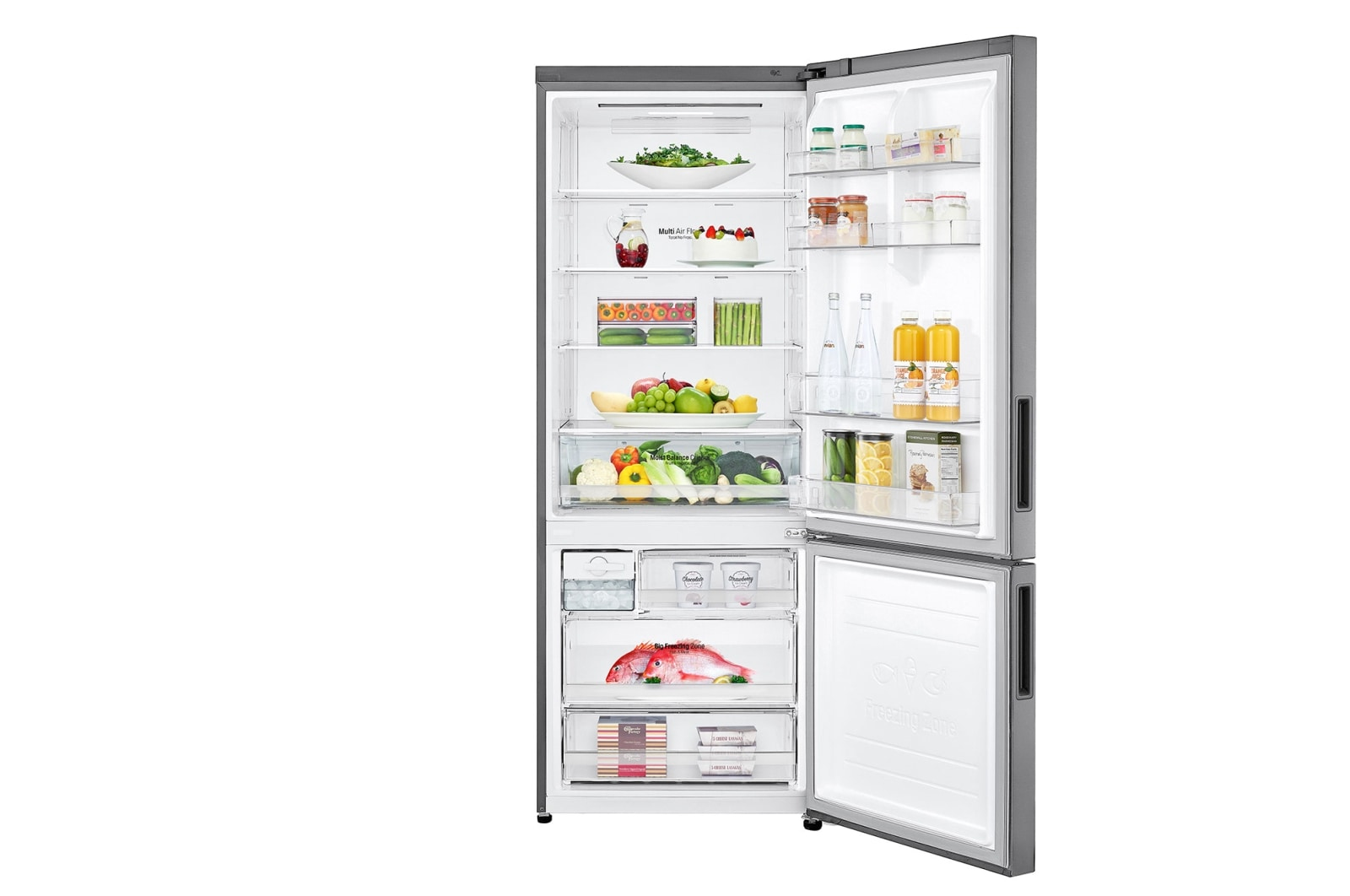 Frigorifero LG con porta aperta. All'interno frutta, verdura e cibi confezionati. Esterno grigio.