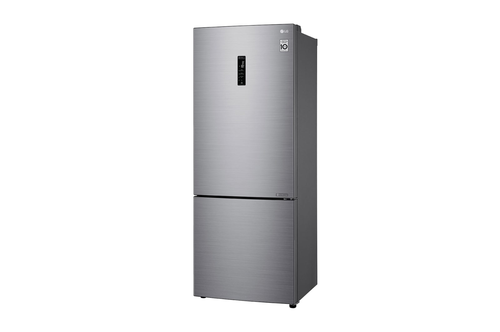 Frigorifero LG argentato, chiuso, su sfondo bianco, che mostra un design moderno.
