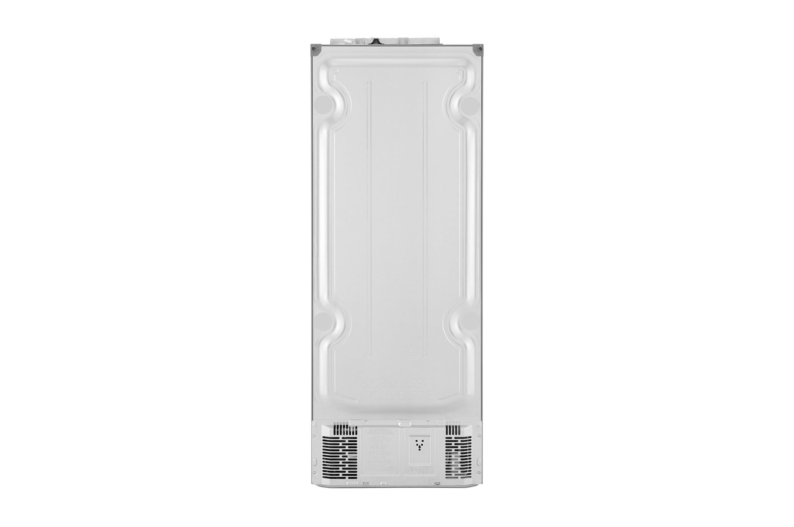 Vista posteriore di un frigorifero bianco con un design semplice, su sfondo bianco.