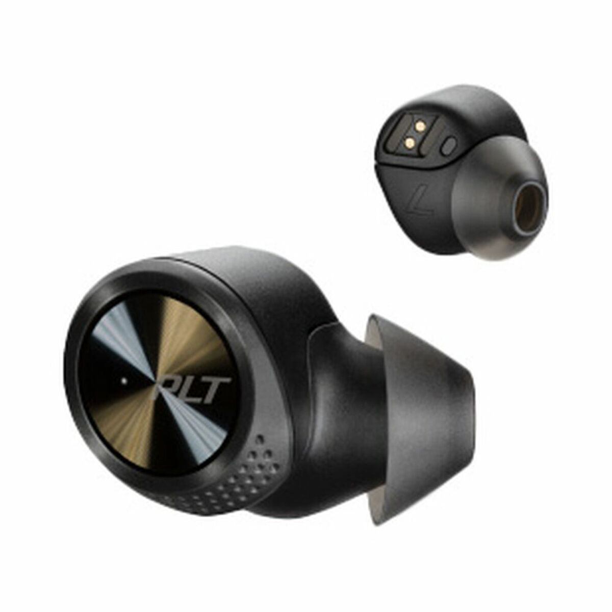 Czarne bezprzewodowe słuchawki, jedna ze złotym wzorem, na białym tle.