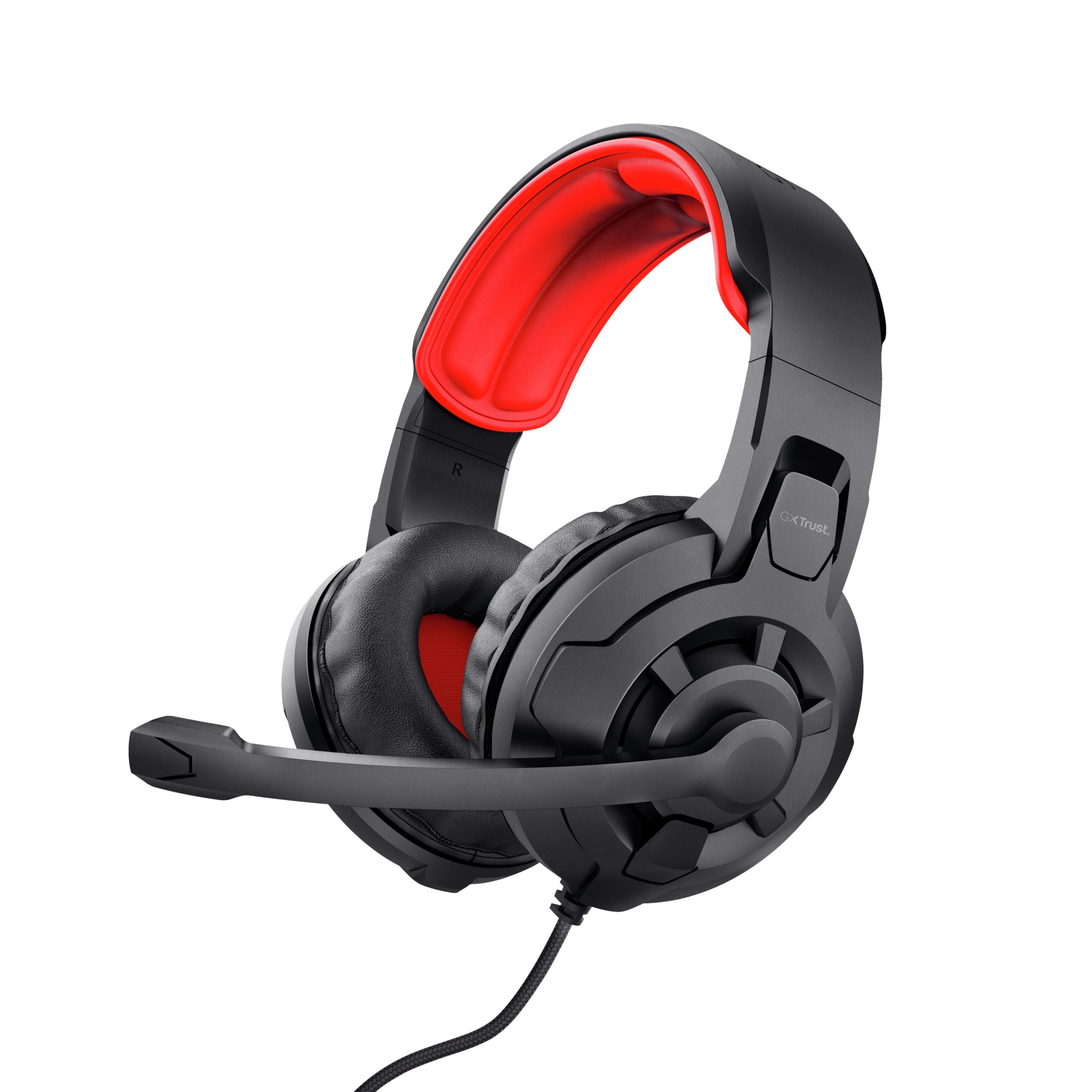 Auriculares gaming negros y rojos con micrófono. Sobre un fondo blanco.