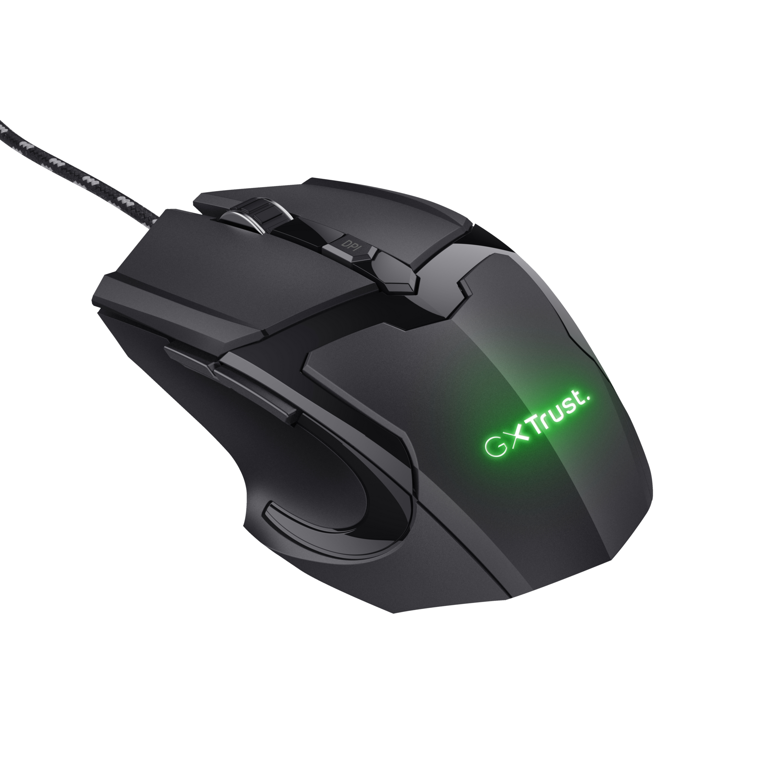 Ratón gaming negro con luz verde y logotipo GXTrust.
