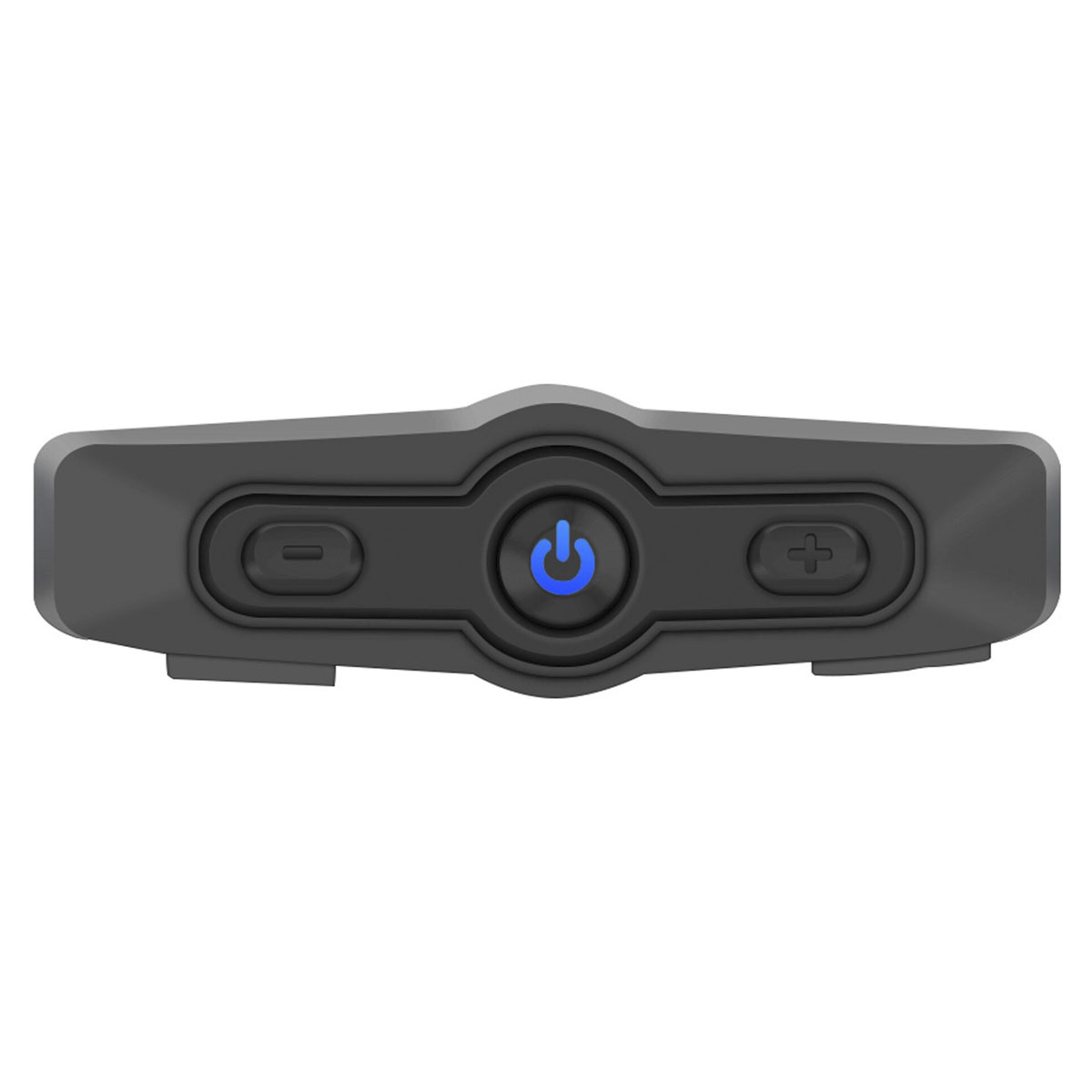 Un pannello di controllo nero con un pulsante di accensione e comandi del volume.