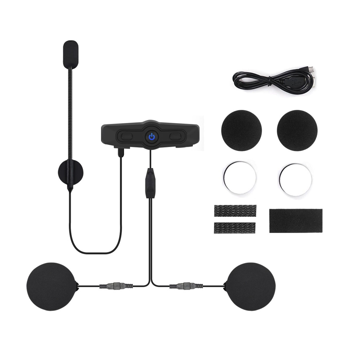 Un'impostazione interfono Bluetooth. Include l'unità principale, due altoparlanti e un cavo di ricarica.