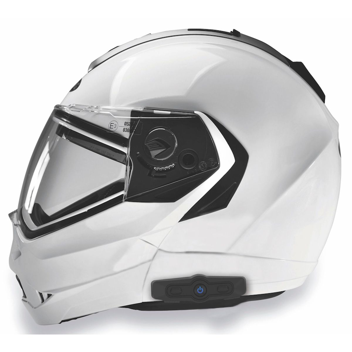 Casco da moto bianco con visiera trasparente e dettagli neri.