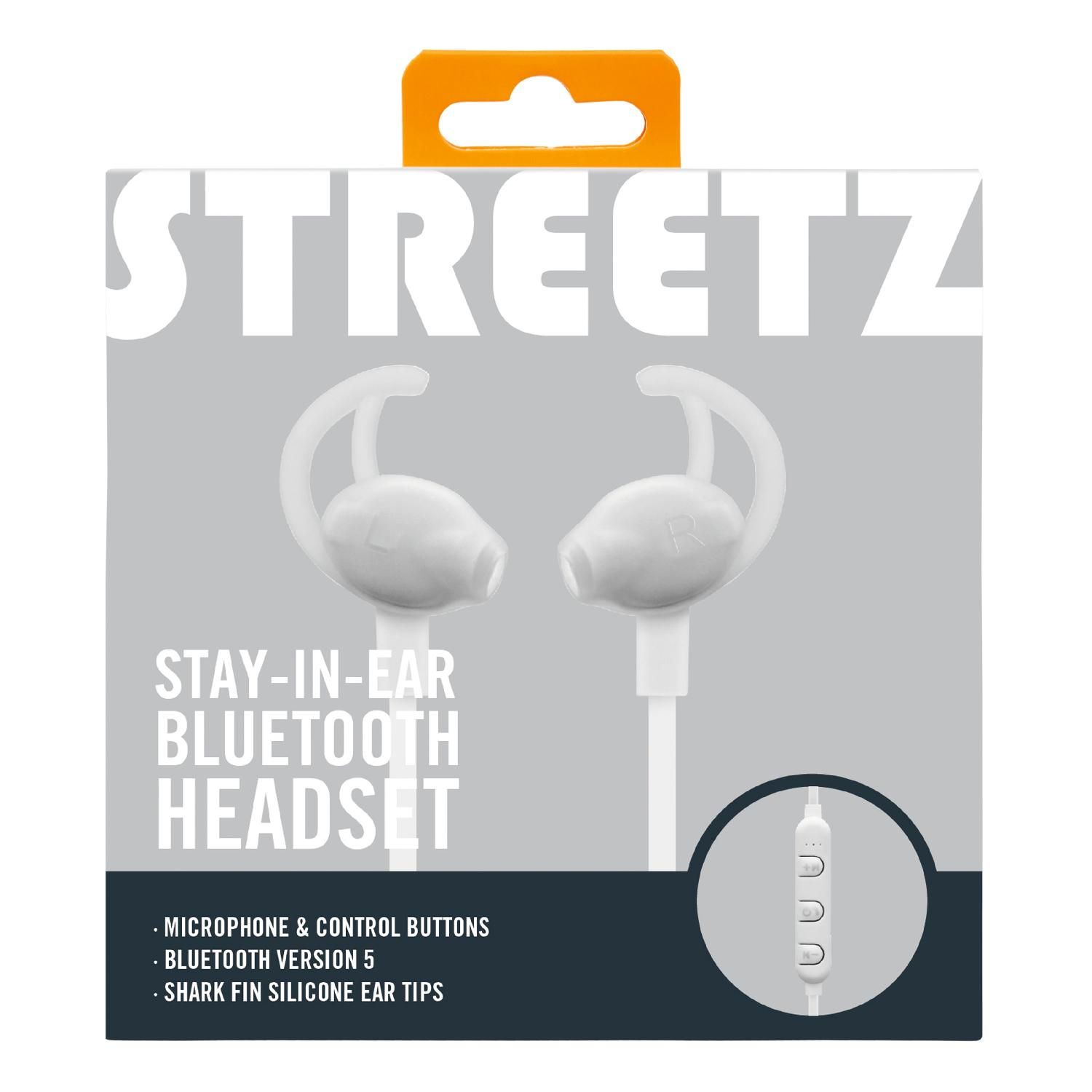 Auricolari bianchi in una scatola. La scatola ha la parola STREETZ e testo del prodotto.