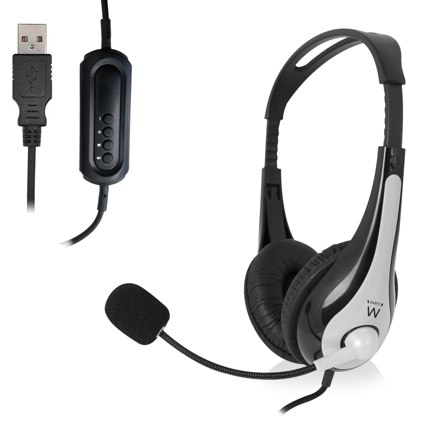 Cuffie nere e argento con microfono e cavo USB. Sfondo bianco.