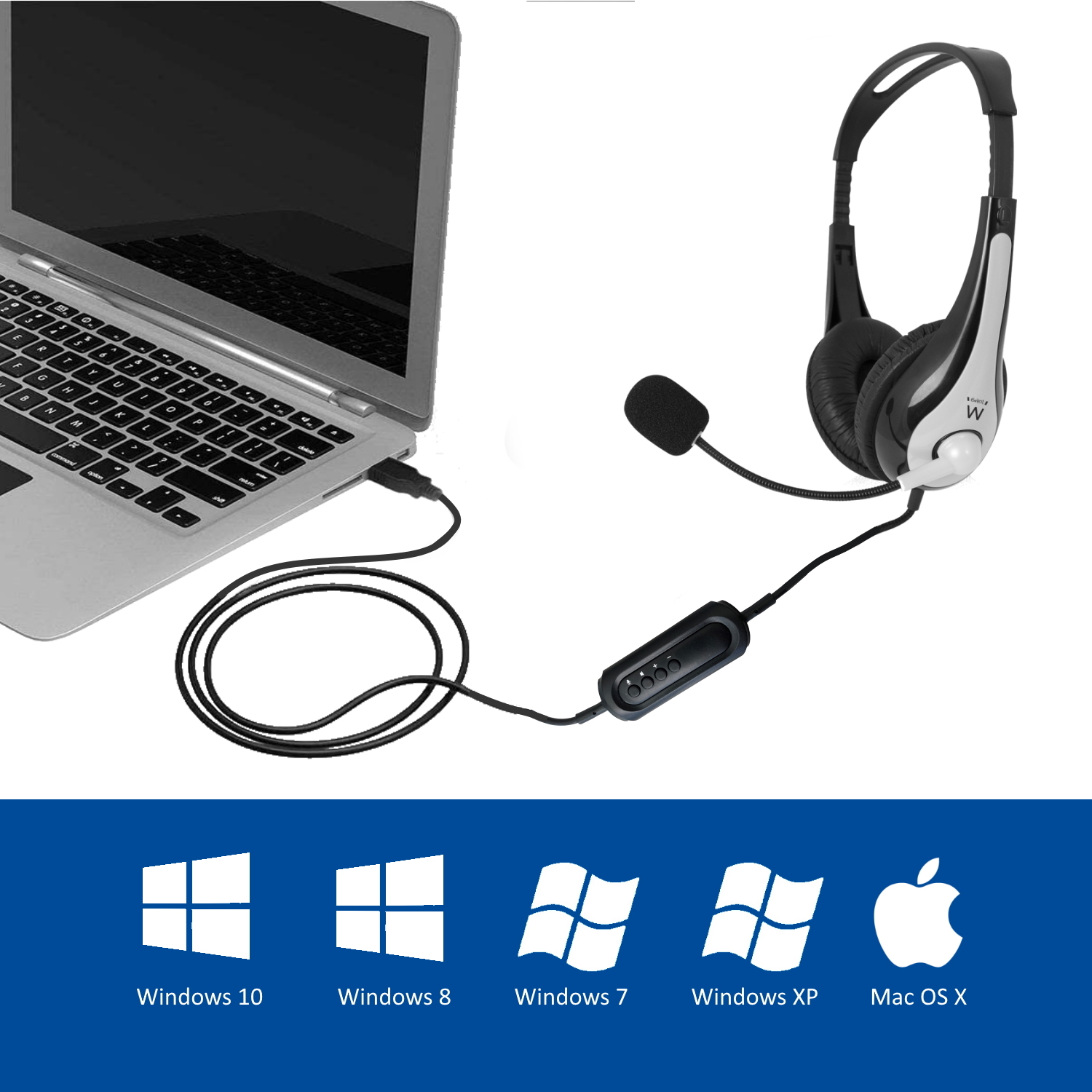 Laptop collegato a cuffie con microfono. Loghi Windows in basso.