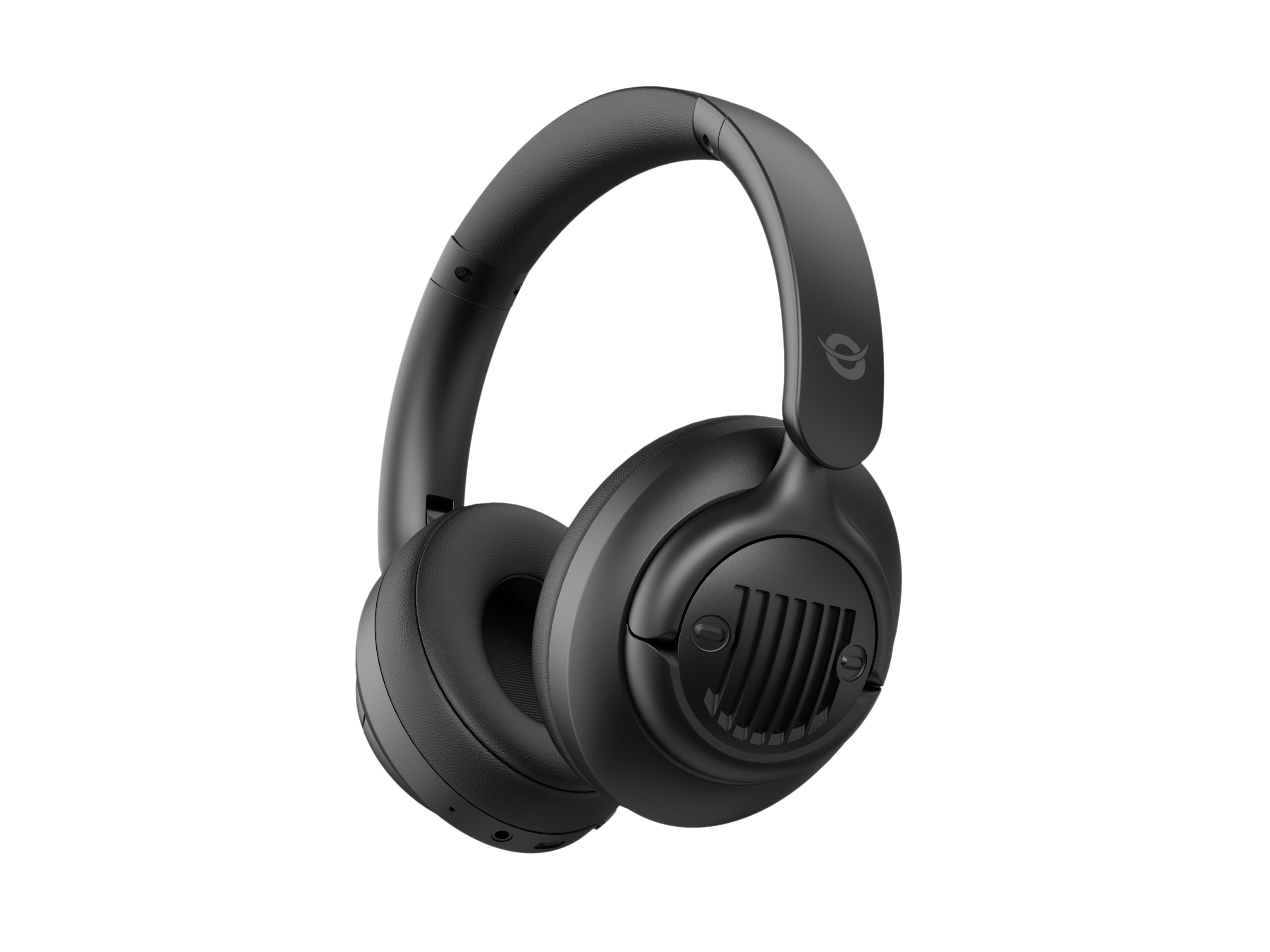 Casque noir. Le casque est isolé sur fond blanc. Le logo est visible.