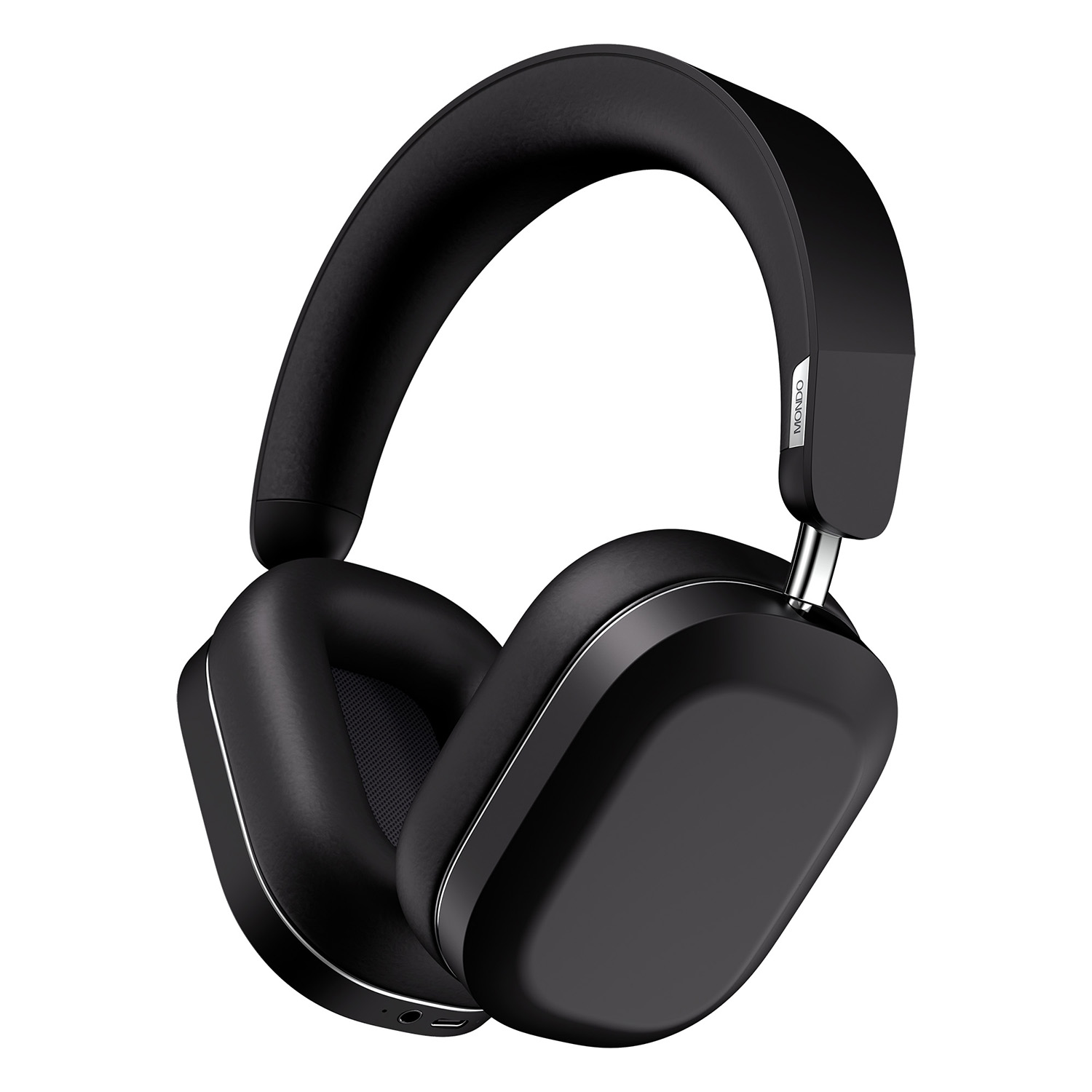 Cuffie nere con finiture argentate. Design over-ear. Sfondo bianco.