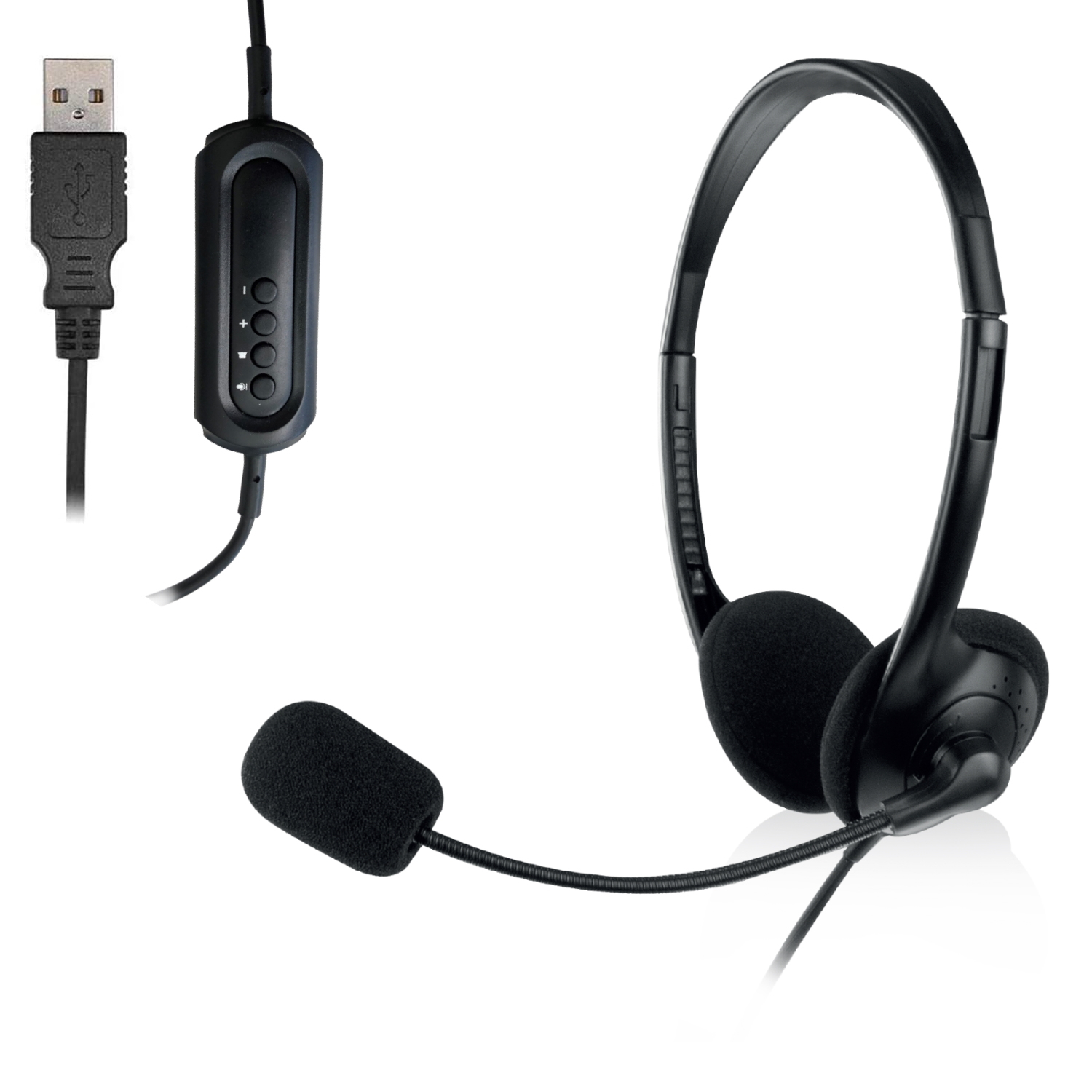 Cuffie USB nere con controlli e microfono collegati. Sfondo bianco.