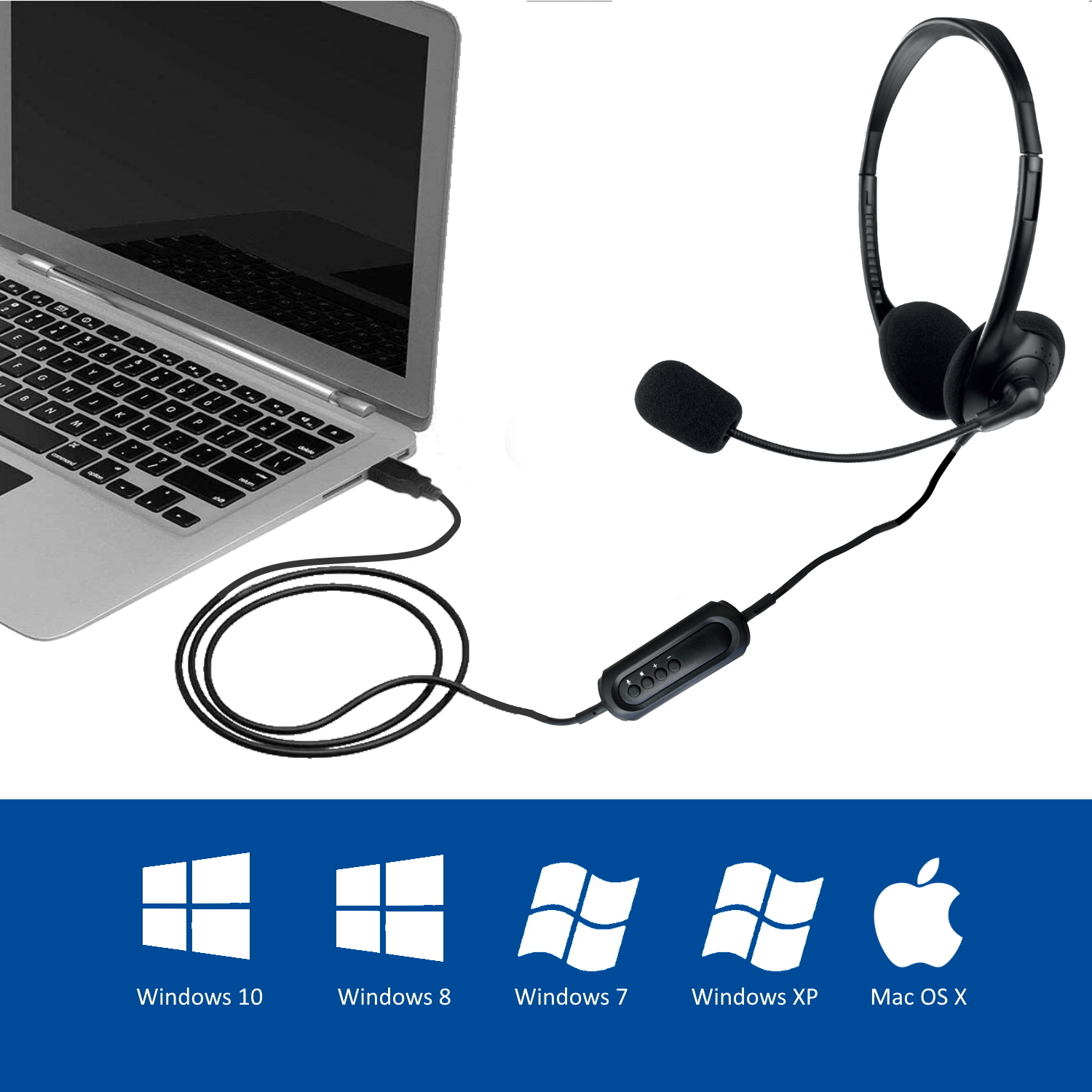 Cuffie nere con microfono collegato a un laptop, loghi di sistema.
