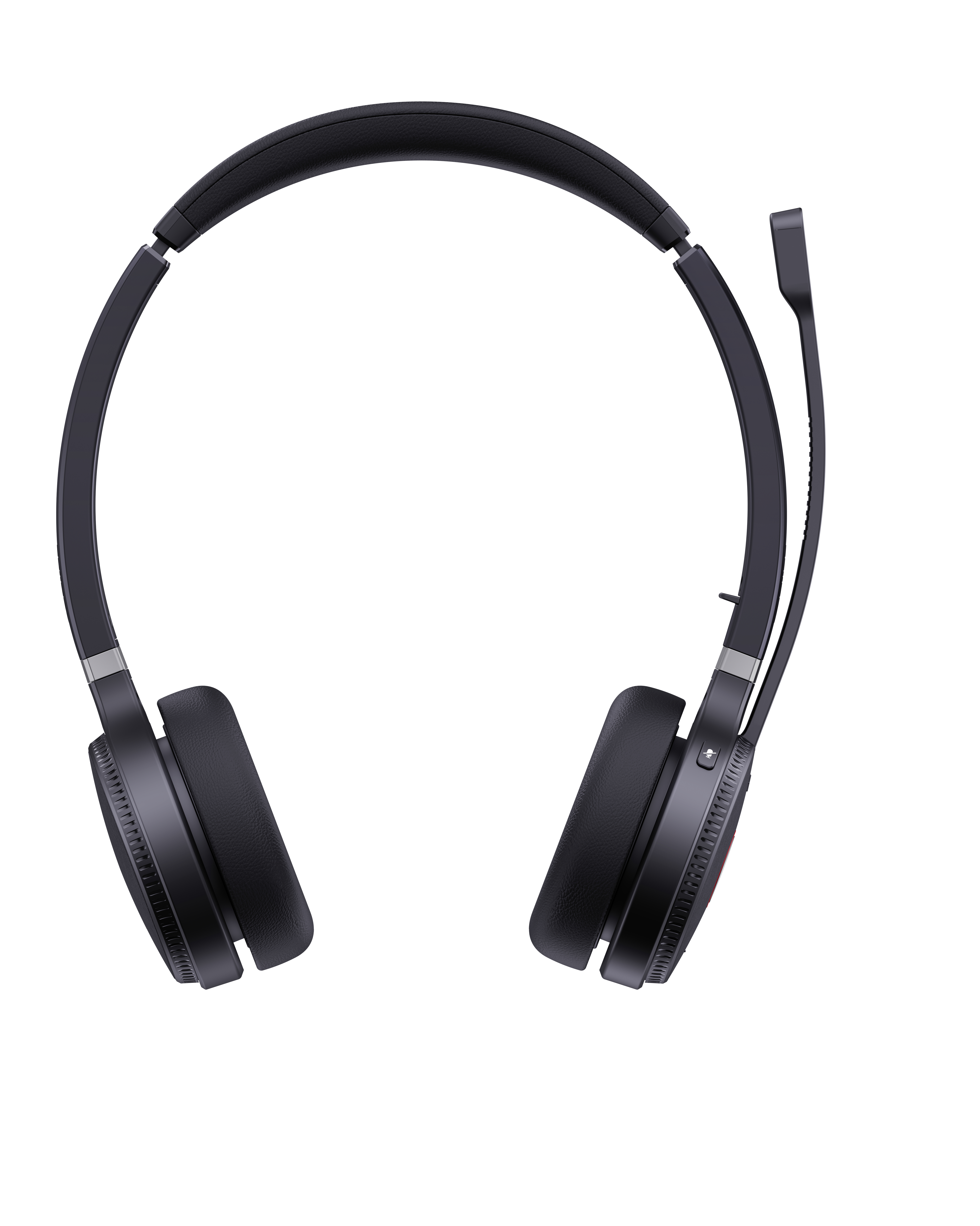 Casque noir avec microphone. Écouteurs et bandeau visibles. Fond blanc.