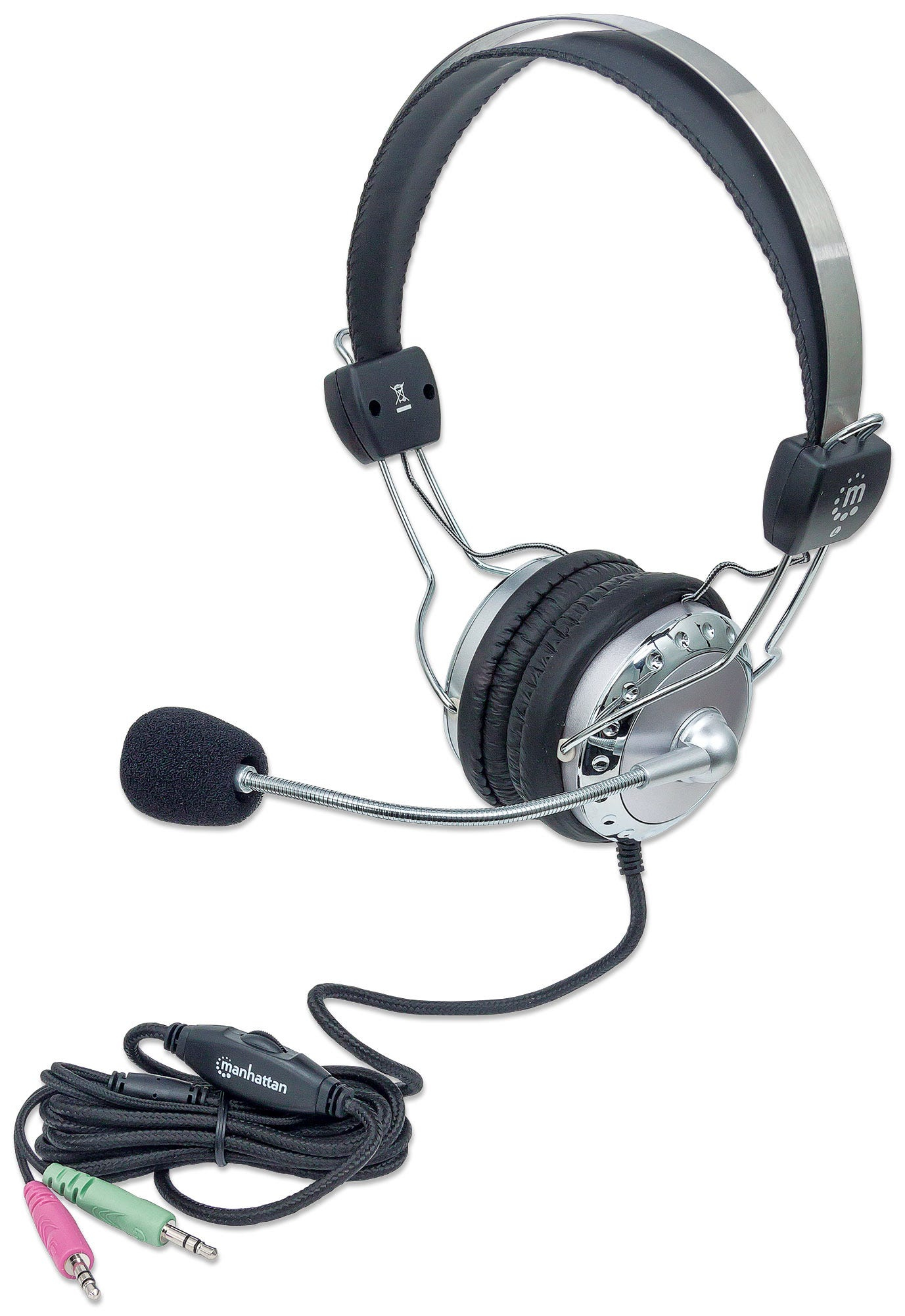 Cuffie over-ear con microfono, design argento e nero, su sfondo bianco.