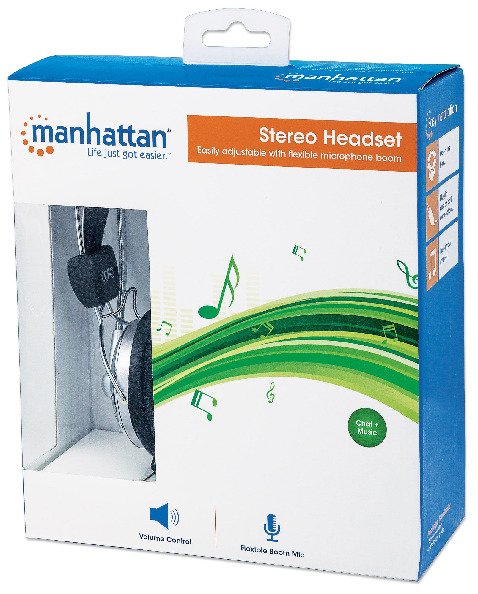 Scatola per cuffie stereo con cuffie e microfono.