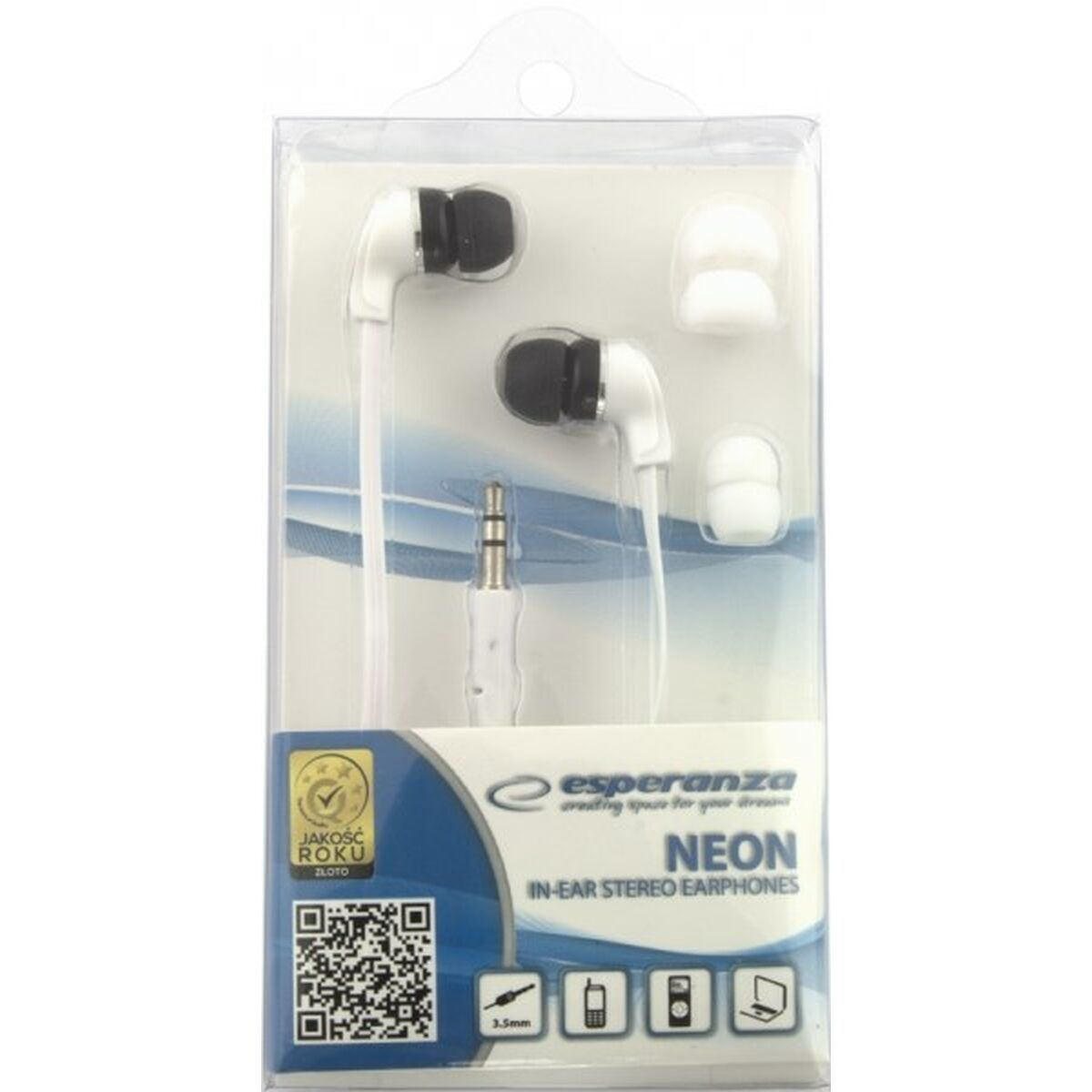 Oortelefoons in een transparante verpakking. Witte oortelefoons met een 3,5 mm jack en extra oordopjes.