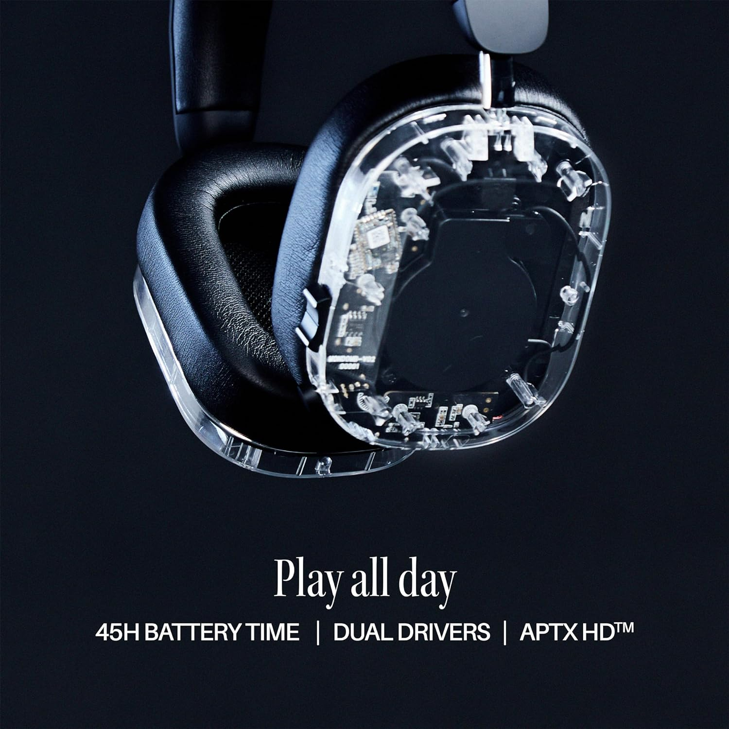 Przezroczyste słuchawki pokazujące wewnętrzne elementy z tekstem 'Play all day'.