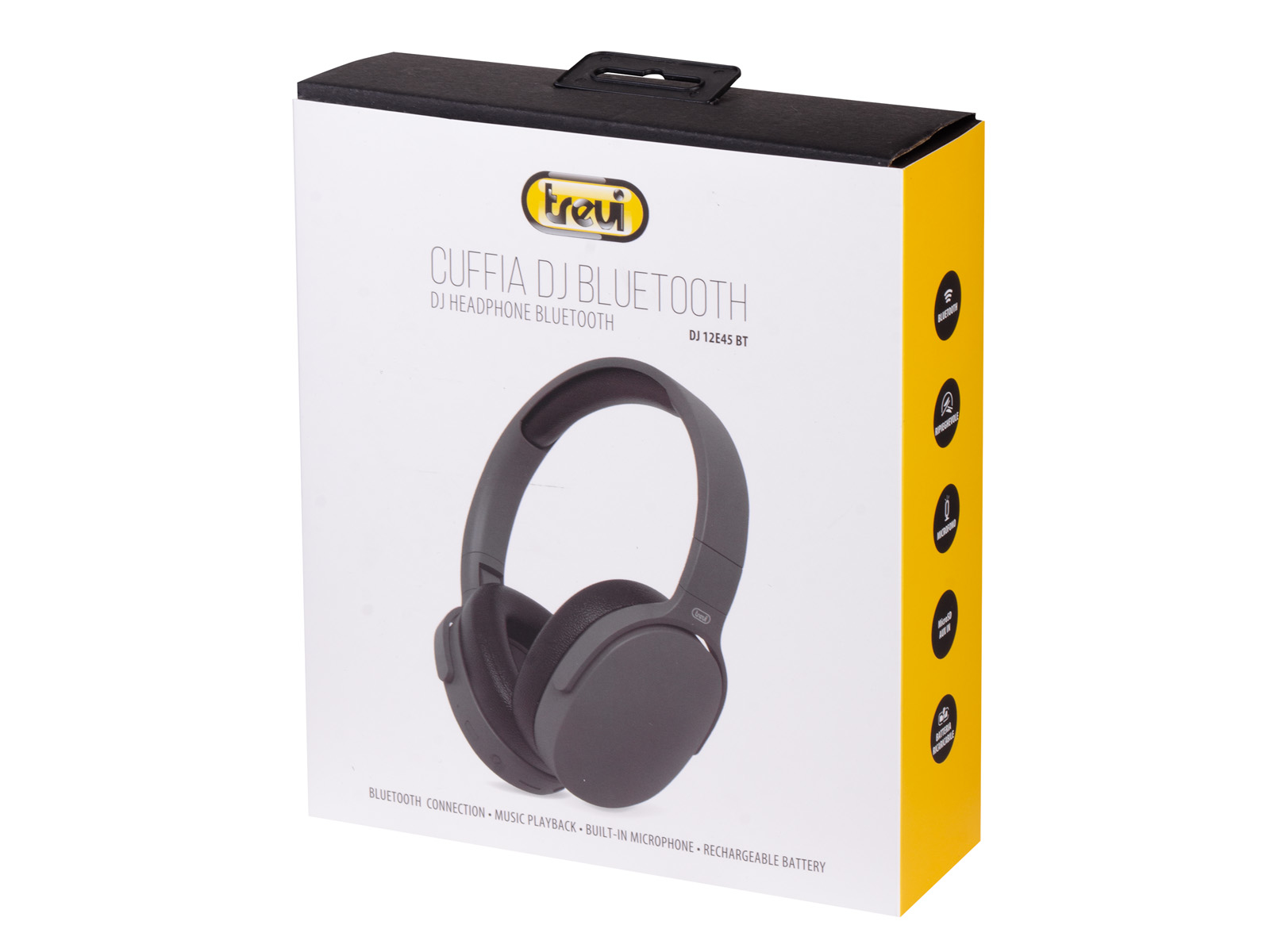 Pudełko słuchawek Trevi Cuffia DJ Bluetooth, ze słuchawkami w środku.