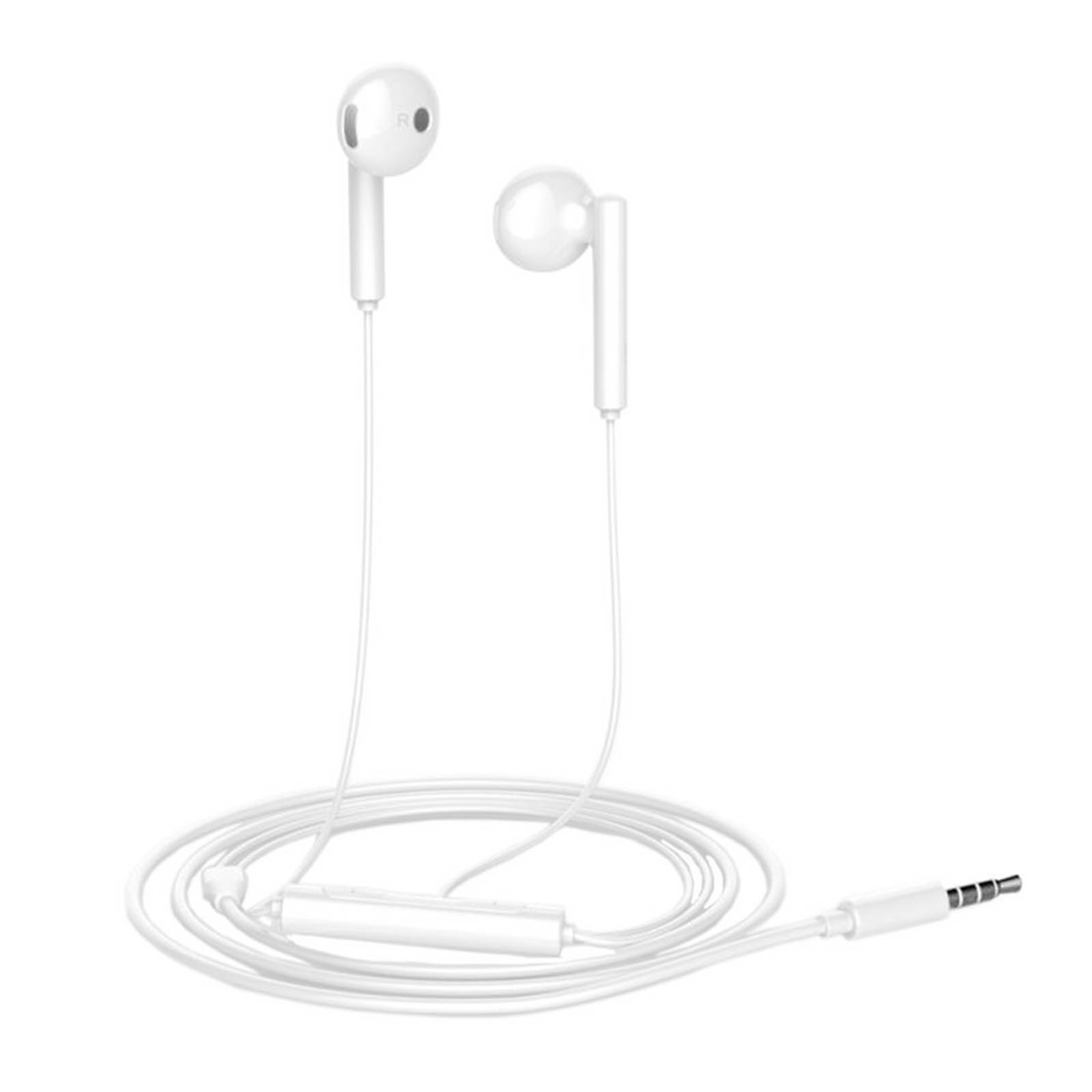 Witte oortelefoons met een bedieningsknop en witte kabel, geïsoleerd op een witte achtergrond.