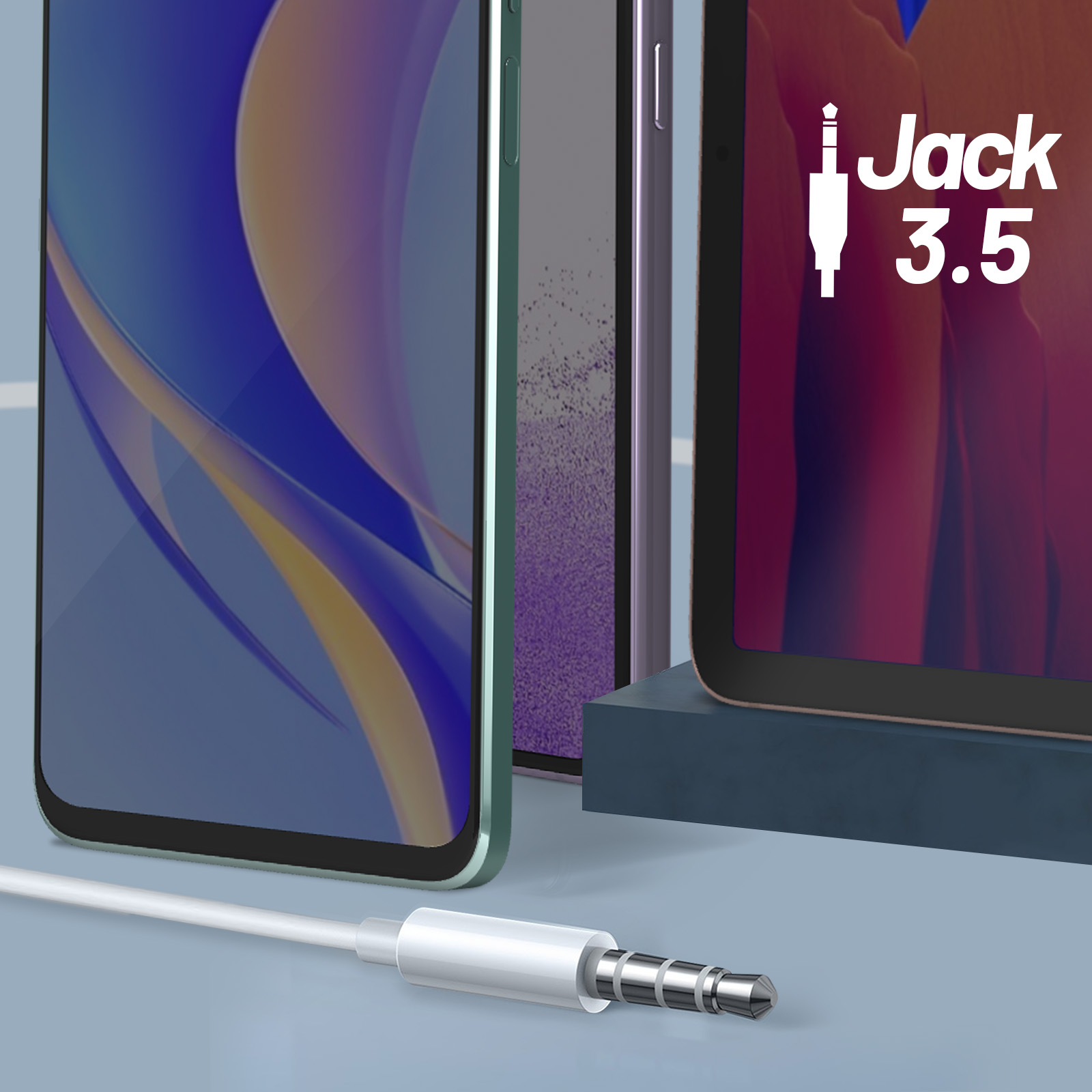 Telefoons met een 3,5 mm jack en witte audiokabel, met een grafiek.