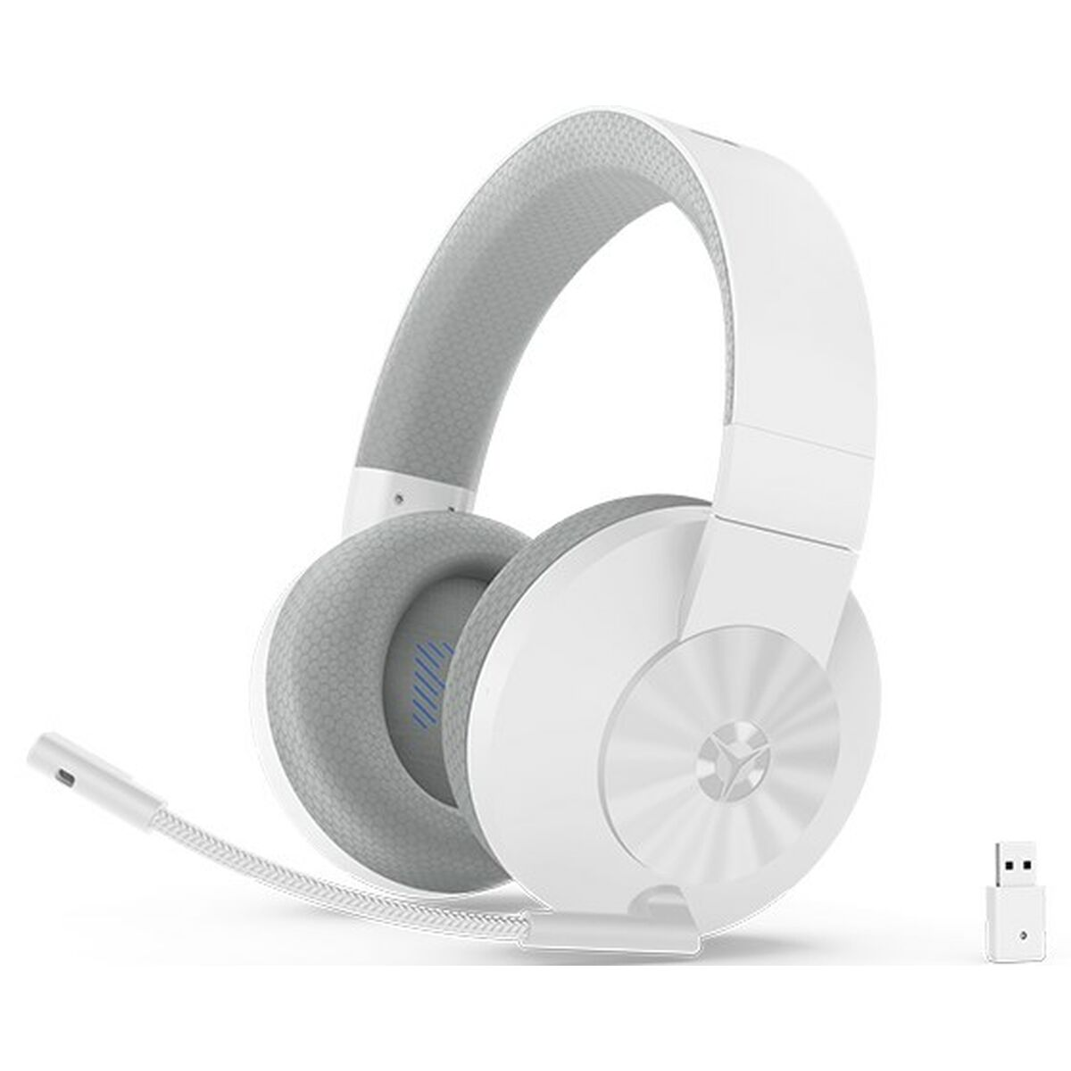 Cuffie da gioco bianche con microfono e dongle USB. Isolate su sfondo bianco.