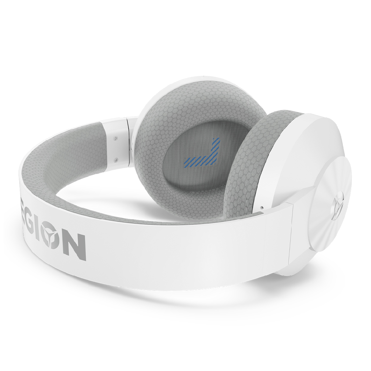 Cuffie over-ear bianche con padiglioni e archetto in tessuto grigio. Il logo 'Legion' è stampato sull'archetto.